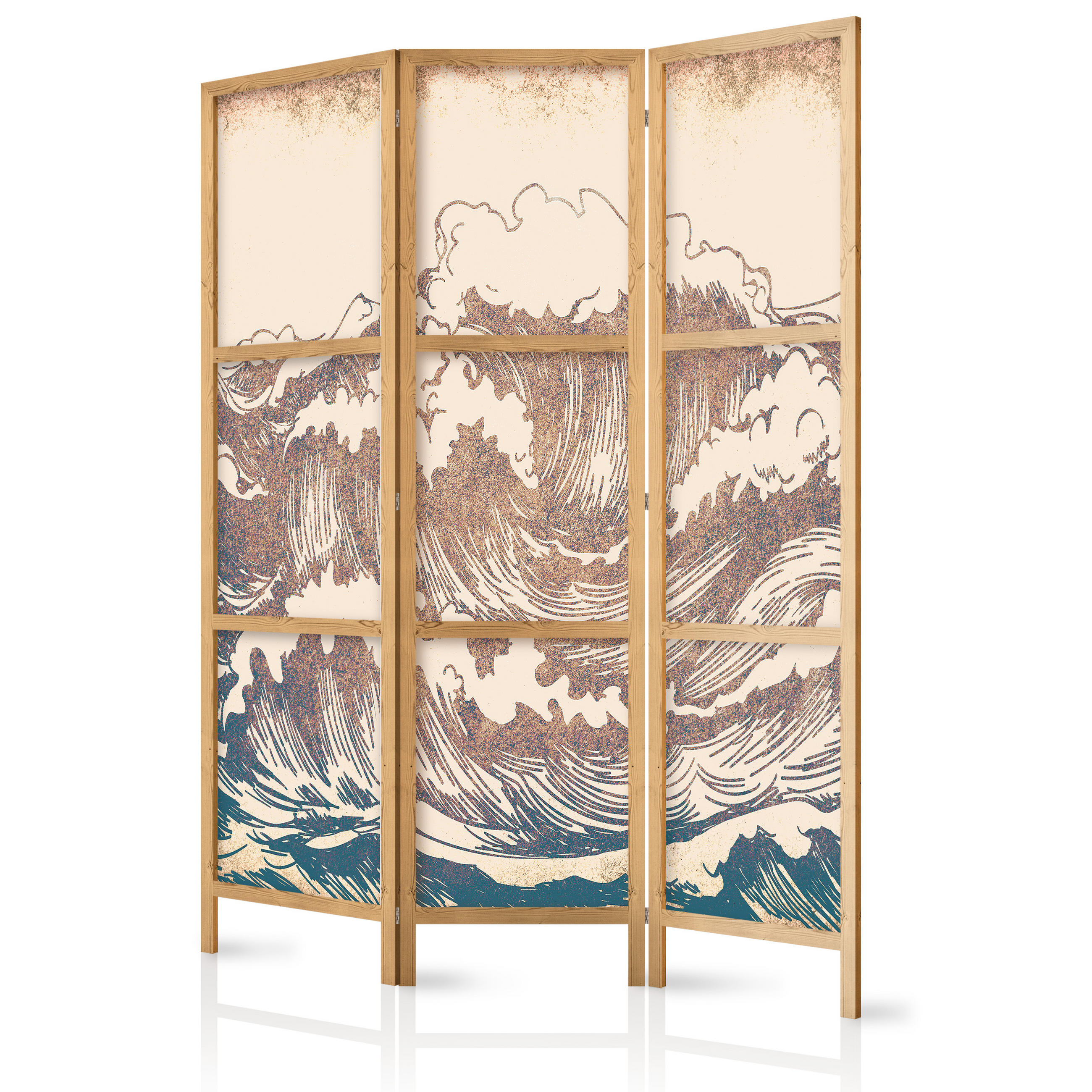 PARAVENT Japanischer 3-tlg 135x172 cm Vintage Wellen - Beige, Holz/Textil (135/172/3cm) - Muralo