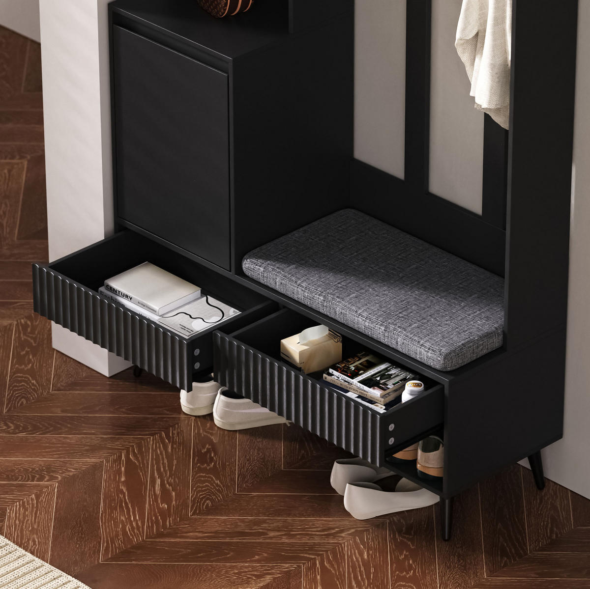 GARDEROBE 100/180/35 cm Schwarz aus MDF mit Sitzbank - Schwarz, Holzwerkstoff (35/180/100cm) - OKMYHOME