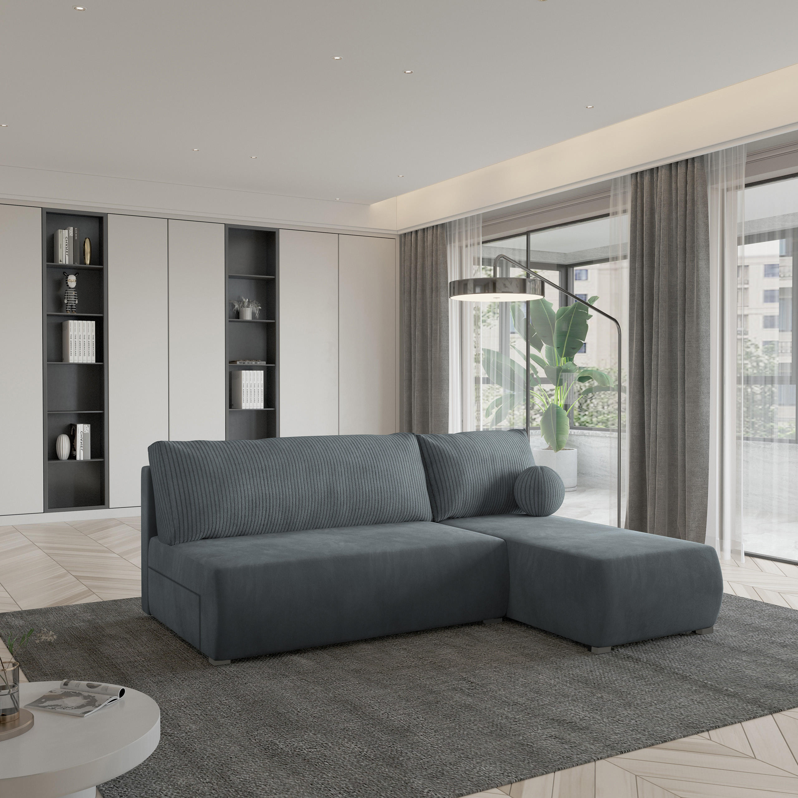 ECKSOFA PARVELO Grau Plüsch-Stoff mit Schlaffunktion - Grau, Holz (200/143cm) - MASSENO