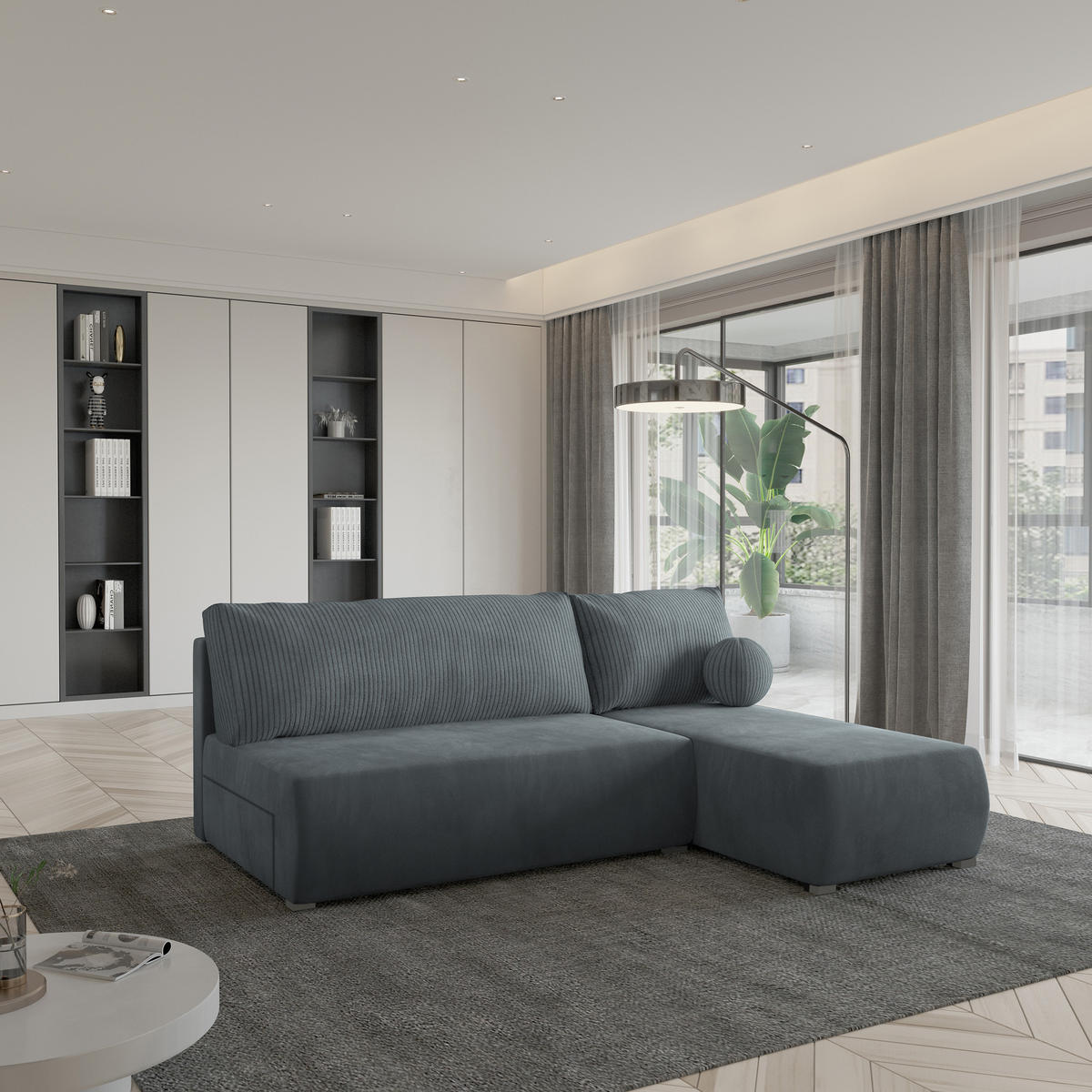 ECKSOFA PARVELO Grau Plüsch-Stoff mit Schlaffunktion - Grau, Holz (200/143cm) - MASSENO