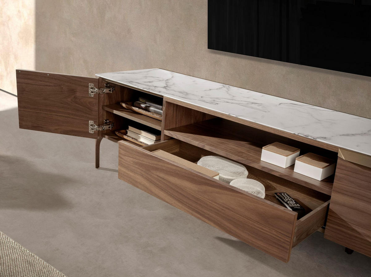 TV-ELEMENT TV-Ständer aus Nussbaumholz mit Glasplatte aus Marmorimitation 180/45/50 cm - Edelstahlfarben/Walnussfarben, Holz/Stein (180/50/45cm) - ANGEL CERDA