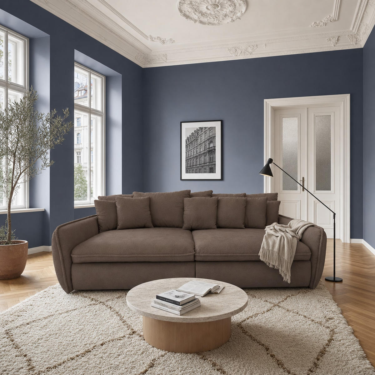 BIGSOFA Hereford Flachgewebe Braun inkl. 11 Kissen 234/131/61 cm - Dunkelbraun, Kunststoff/Textil (234/61/131cm) - foamnova
