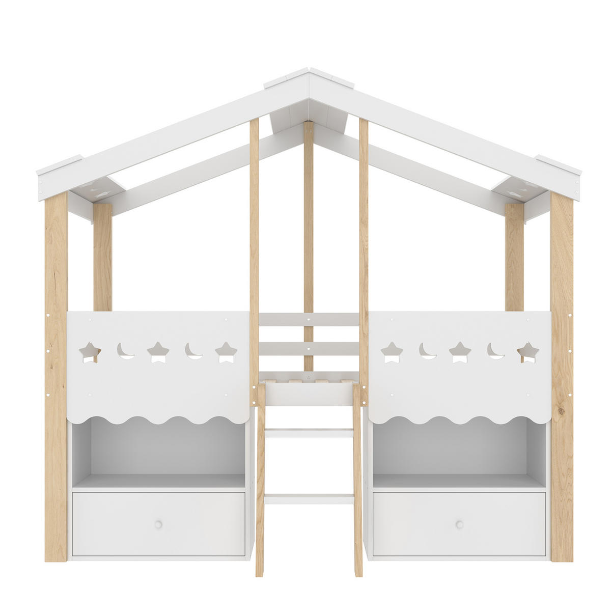 HOCHBETT 90/200 cm Hausform mit 2 Schubladen und LED-Beleuchtung in Weiß + Natur mit Matratze - Weiß, Holzwerkstoff (90/200cm) - OKWISH