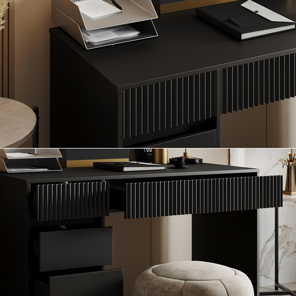 SCHREIBTISCH Omira Schwarz 120 x 55 cm mit 5 Schubladen - Schwarz, Holzwerkstoff (55/120/76cm) - Vicco