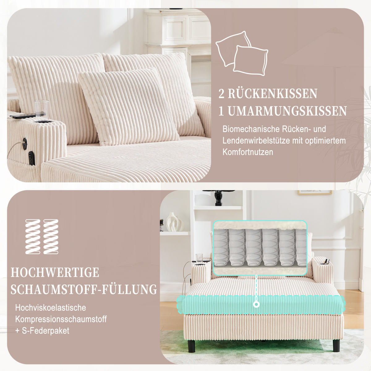 SCHLAFSOFA,SCHLAFCOUCH Sofa Beige, Cord Sessel mit LED USB und Getränkehalter - Beige, Textil (142/85/128cm) - PARAFTA HOME