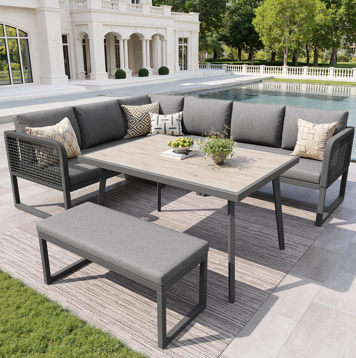 GARTENMÖBEL-SET modular mit Tisch 5-tlg. PE-Rattan Grau - Grau, Metall - Beauniv
