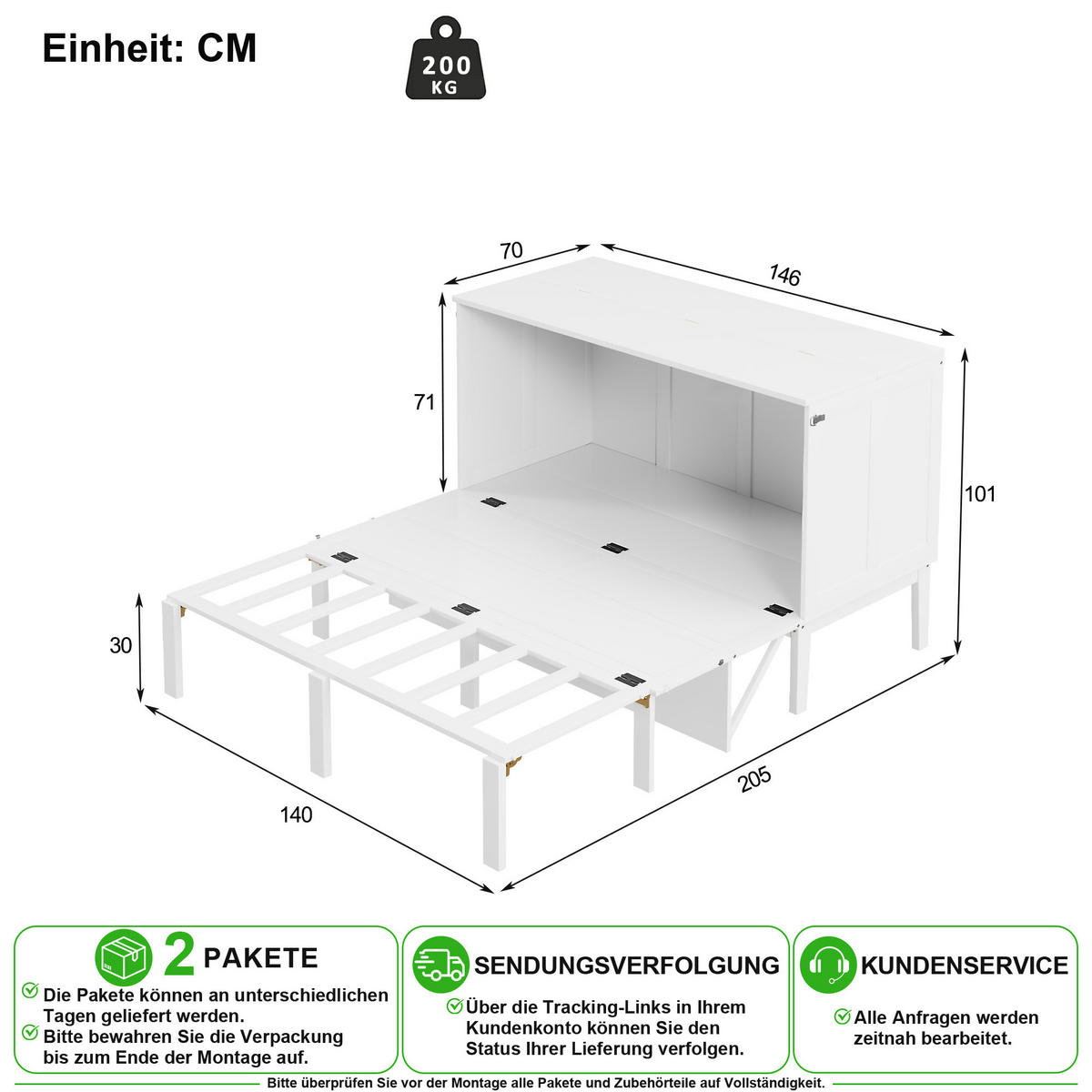 SCHRANKBETT 140/200 cm in Weiß mit Lattenrost und Stauraum - Weiß, Holz/Holzwerkstoff (140/200cm) - CHICFURN