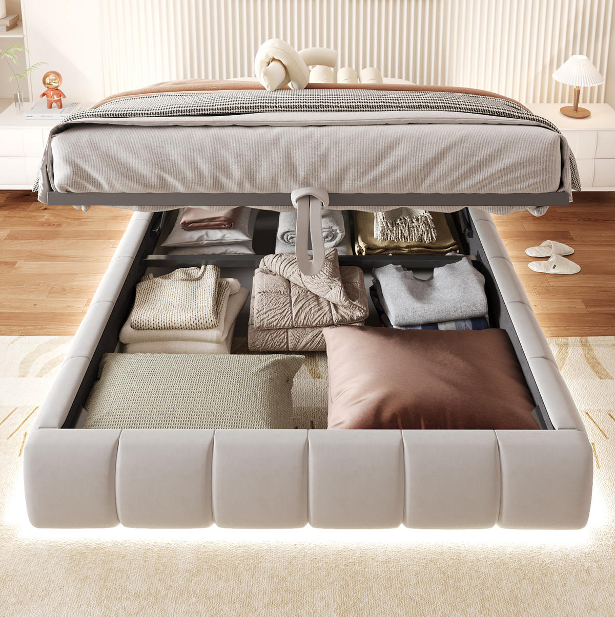 POLSTERBETT mit Stauraum und LED 140x200 cm Beige - Beige, Metall (140/200cm) - Meubliv