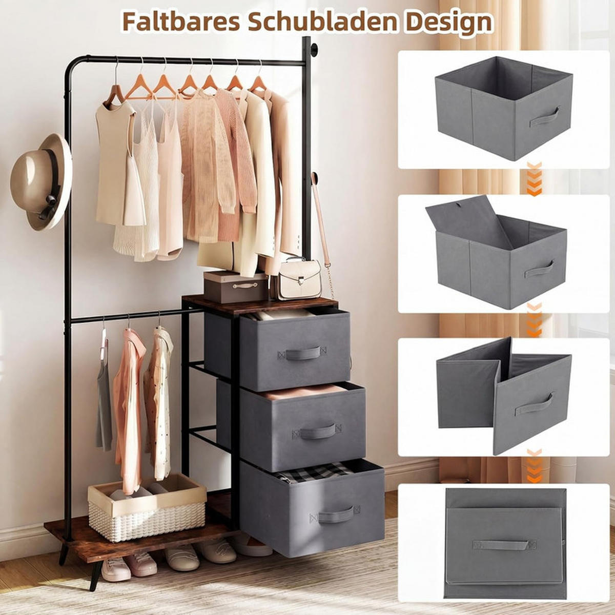 GARDEROBENSTÄNDER mit 2 Ablagefächern schwarz - Schwarz, Metall (95/175/40cm) - COSTWAY
