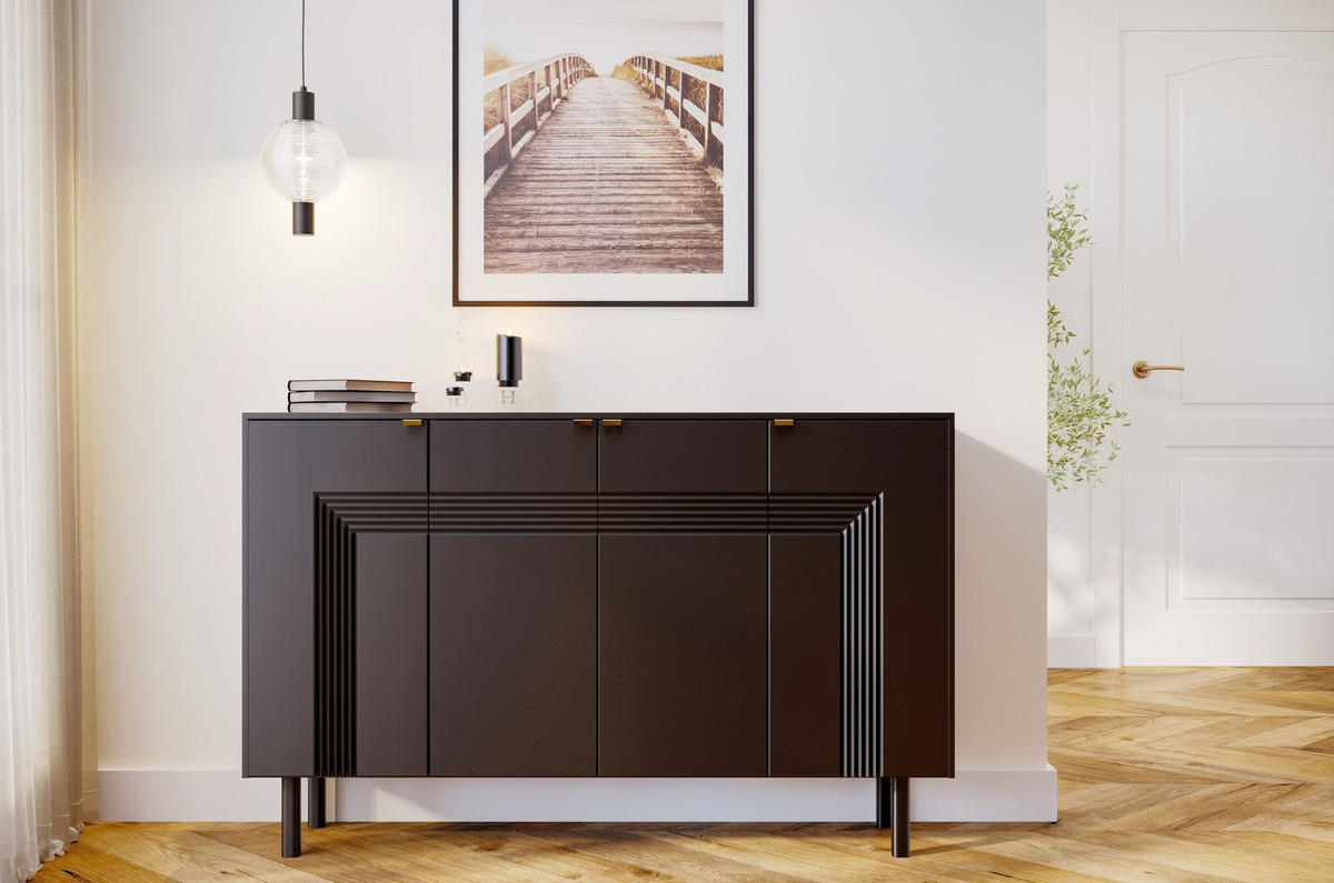 SIDEBOARD Yoko, Schwarz, Mit Dekorativen Fronten Und Goldgriffen - Schwarz, Holzwerkstoff/Buchenholz (156/99/40cm) - Dancan