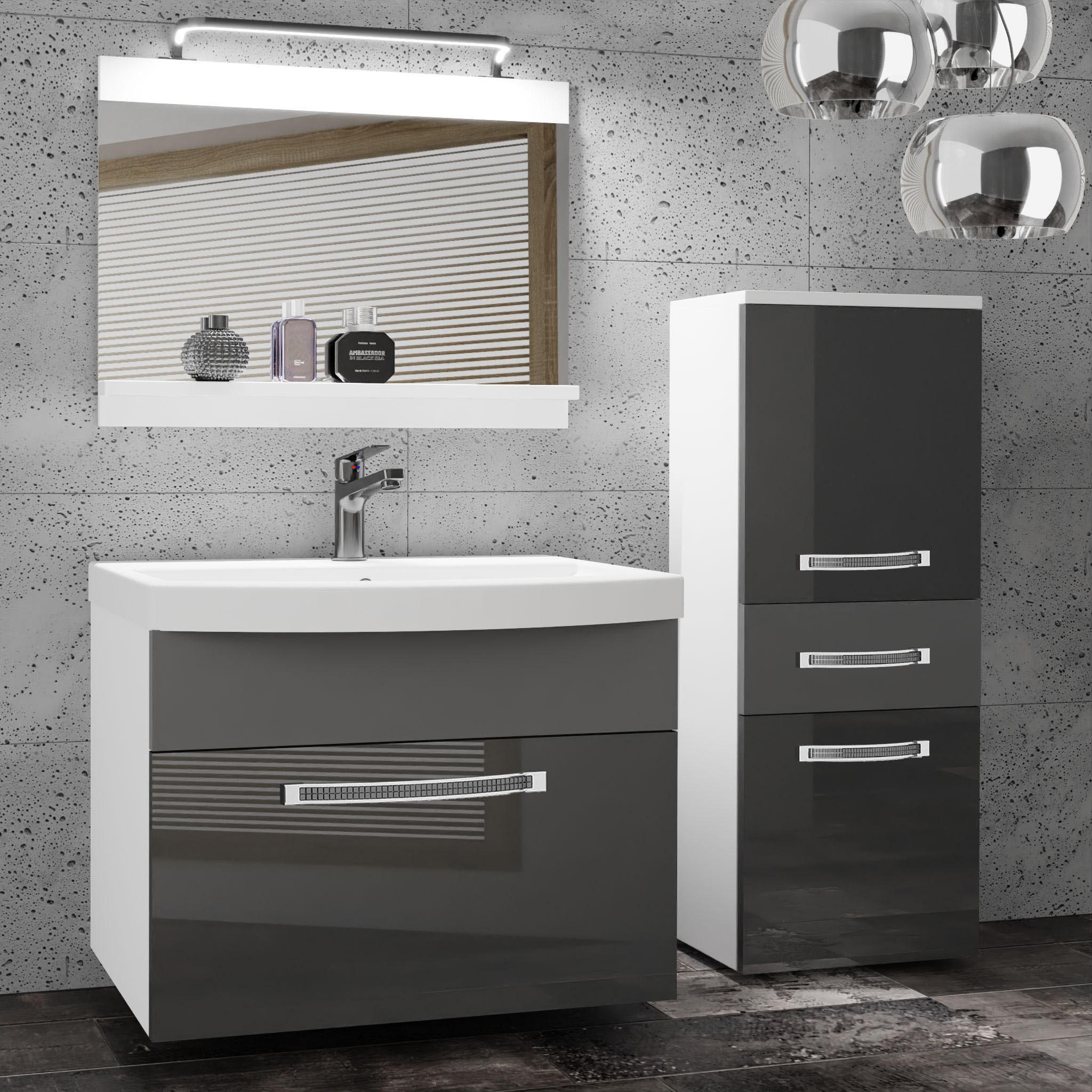 BADMÖBEL Badezimmer Grau / Grau, Glänzend und Matt - Silberfarben/Grau, Holz (100/81/40cm) - B BELINI GROUP