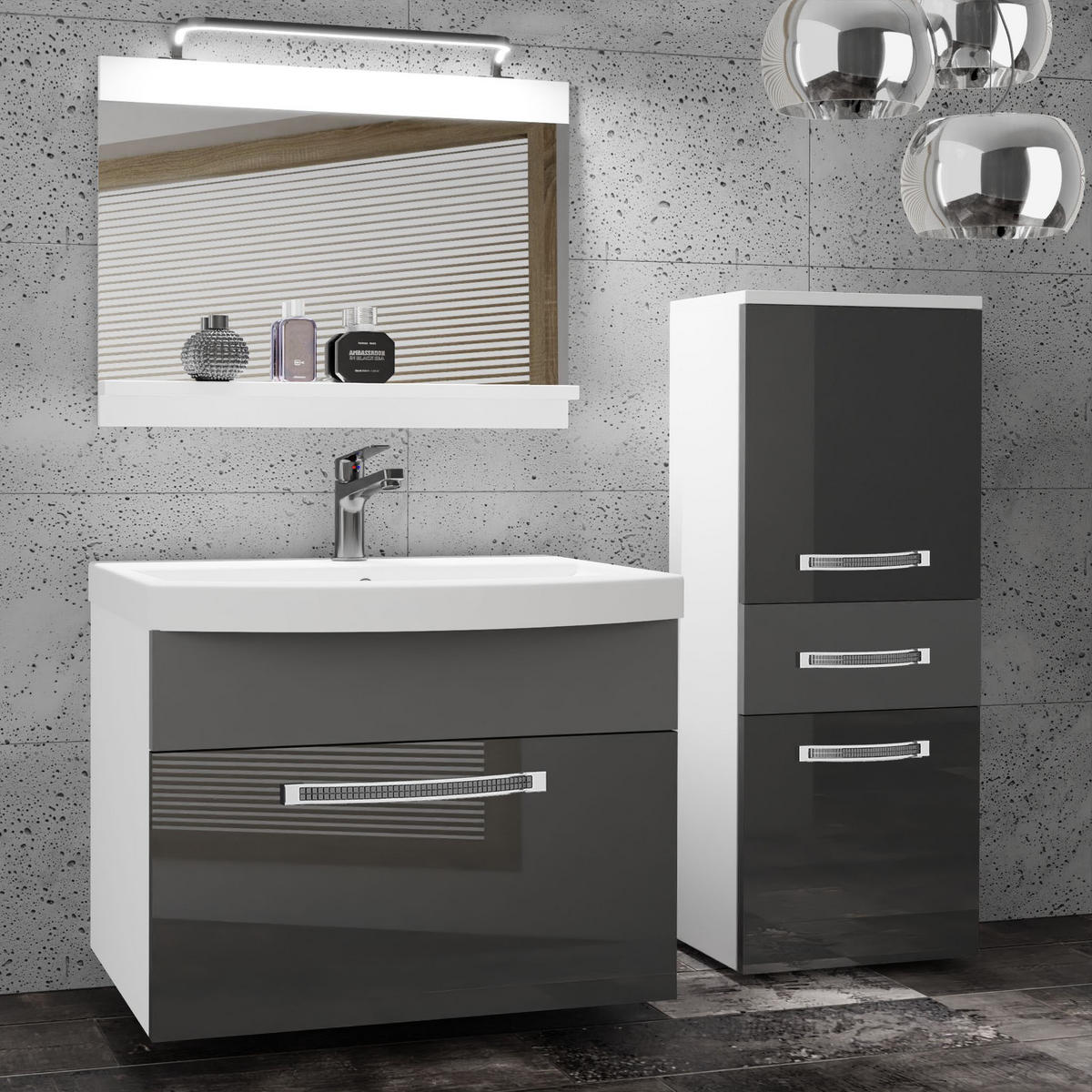 BADMÖBEL Badezimmer Grau / Grau, Glänzend und Matt - Silberfarben/Grau, Holz (100/81/40cm) - B BELINI GROUP