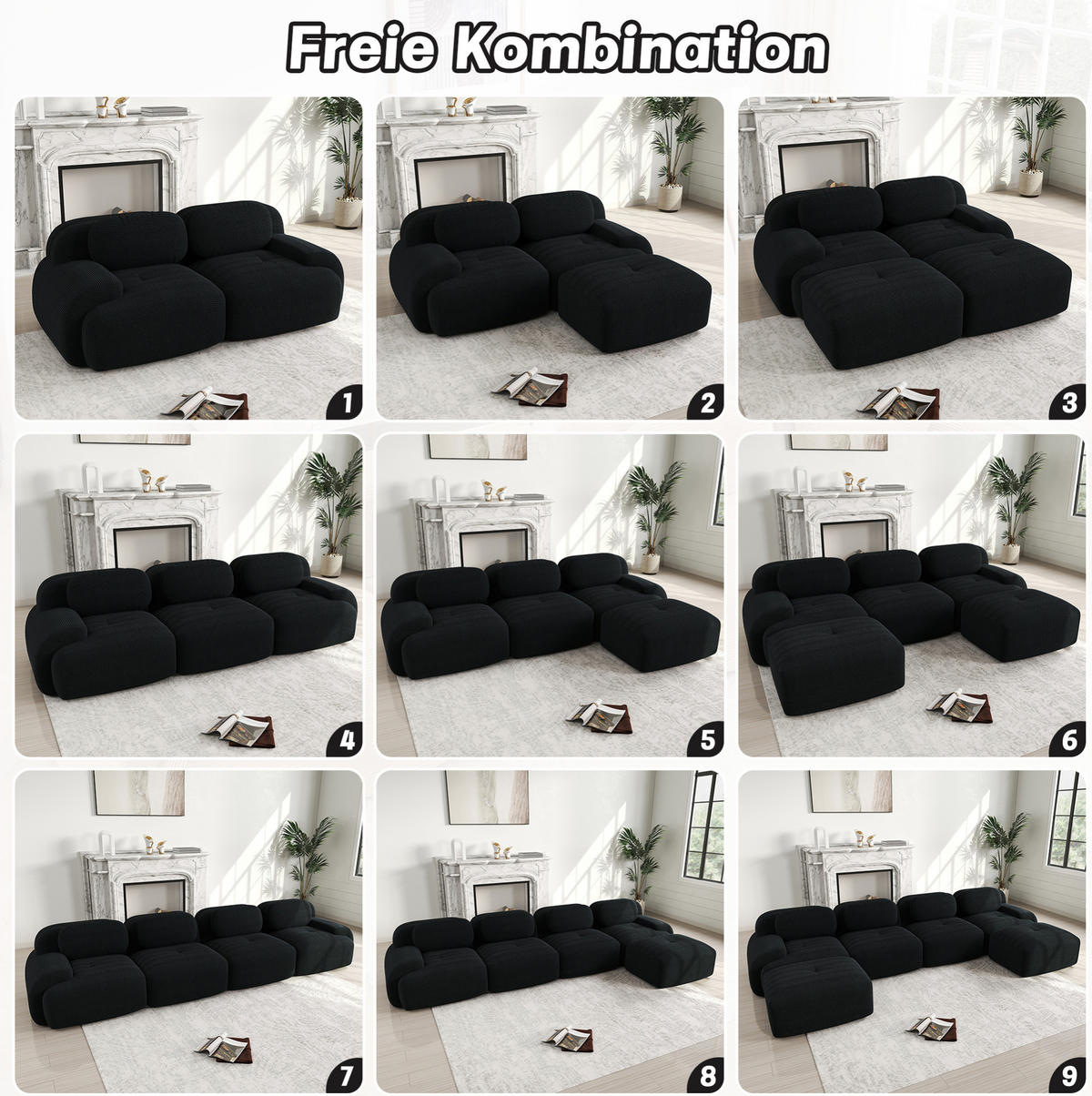 2-SITZER-SOFA Ecksofa 208/178/75 cm schwarz aus Cordstoff modular und montagefrei - Schwarz, Textil (178/75/208cm) - OKWISH