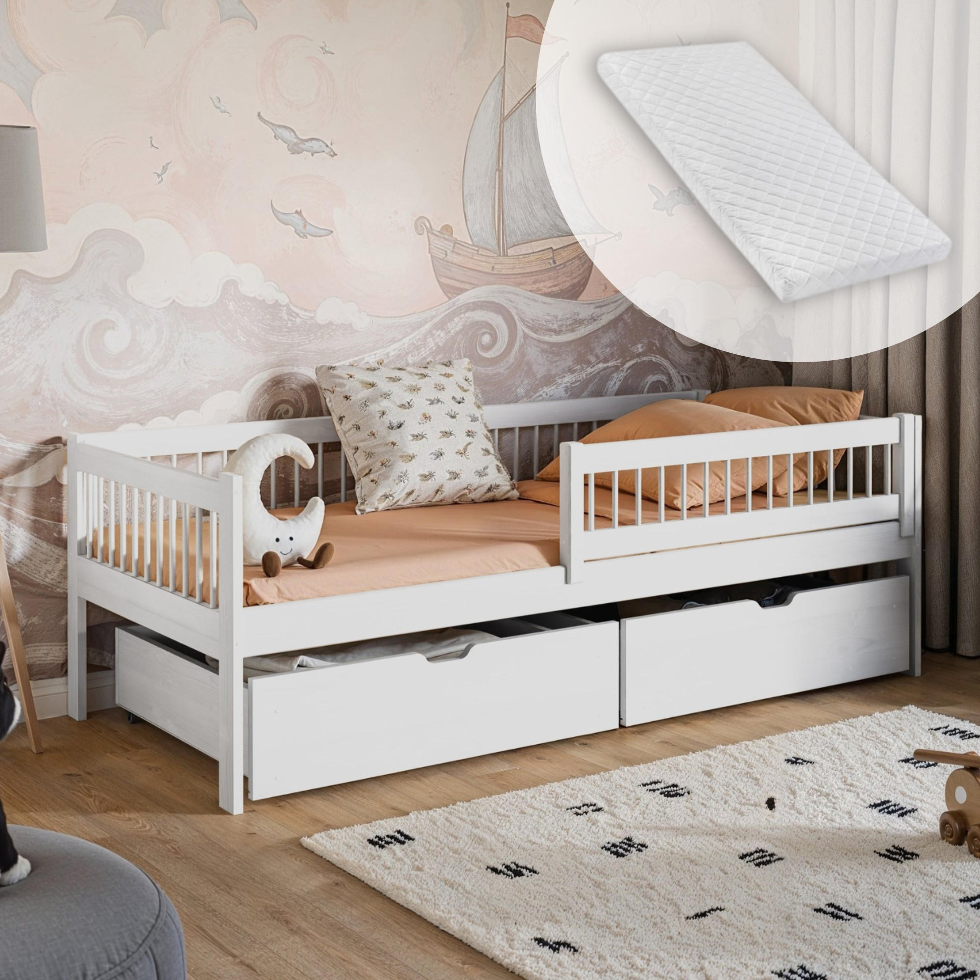 KINDERBETT mit 2 Schubladen und 1 Matratze 90x200 cm in Weiß - Weiß, Holz (90/200cm) - Kids Collective