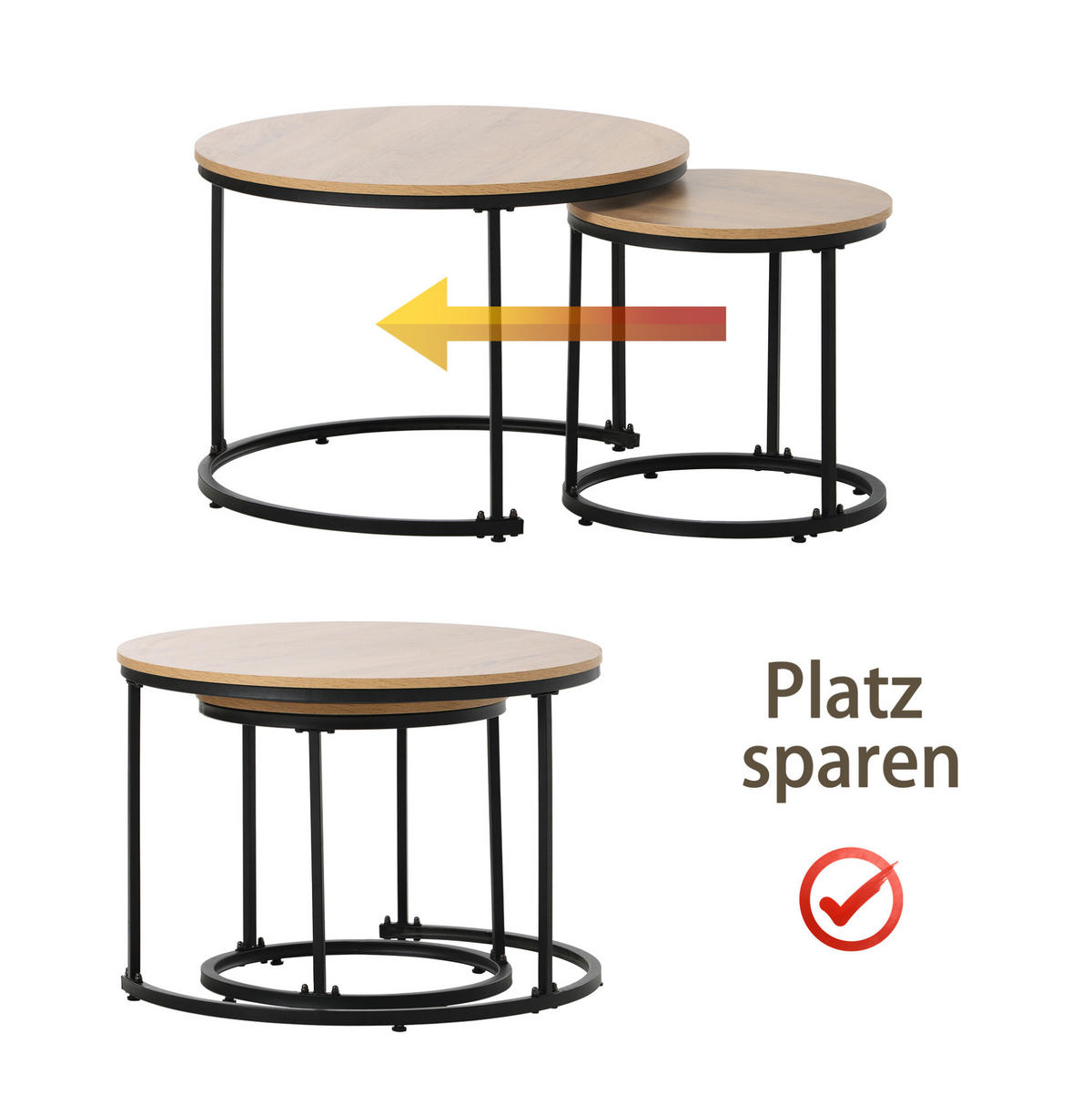 COUCHTISCH 2er-Set 70,5/50 und 44/45,5 cm in Eichefarben mit Metallgestell - Naturfarben, Holzwerkstoff (70.5/70.5/50cm) - Flora Grace