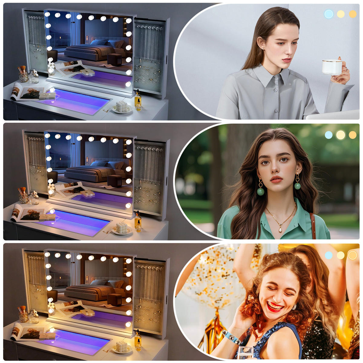 SCHMINKSPIEGEL mit LED-Beleuchtung integrierter Schmuckbox und Bluetooth weiß 80/60 cm - Weiß, Metall (80/60/10cm) - VANITII