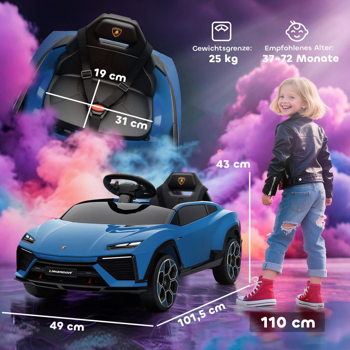 KINDER-ELEKTROAUTO 12V Kinderauto mit 2,4 GHz Fernbedienung, 2 Motor LED, Musik - Blau, Kunststoff (101.5/49/43cm) - AIYAPLAY