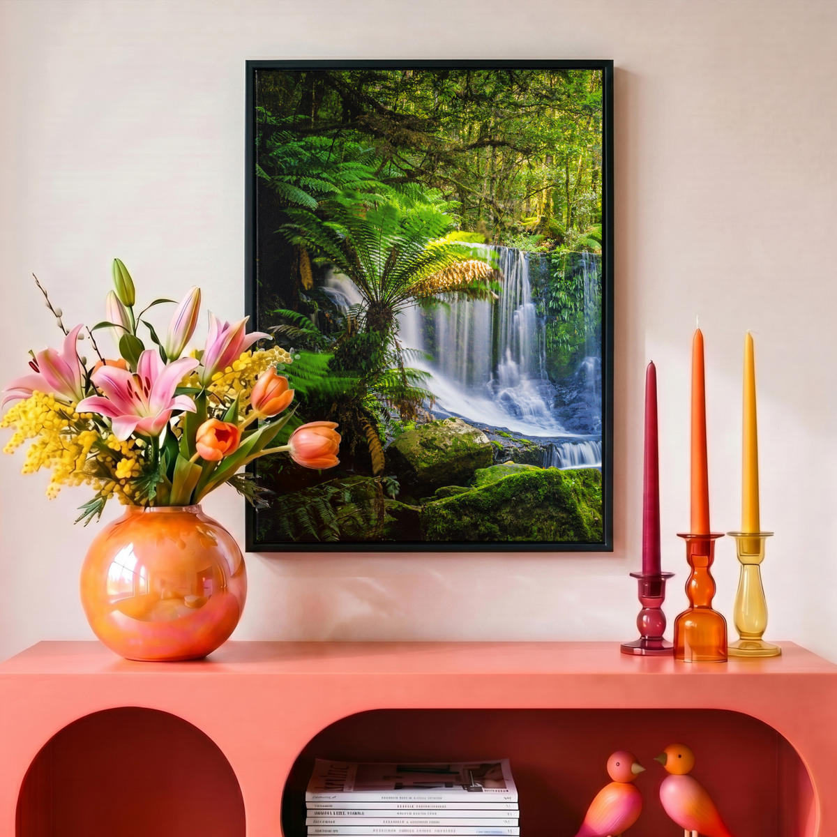 LEINWAND Bilder mit Rahmen - Dschungel - Wasserfall - Australien - Pflanzen - Natur - 30x40 - Dunkelgrün, Textil (30/40cm) - MuchoWow