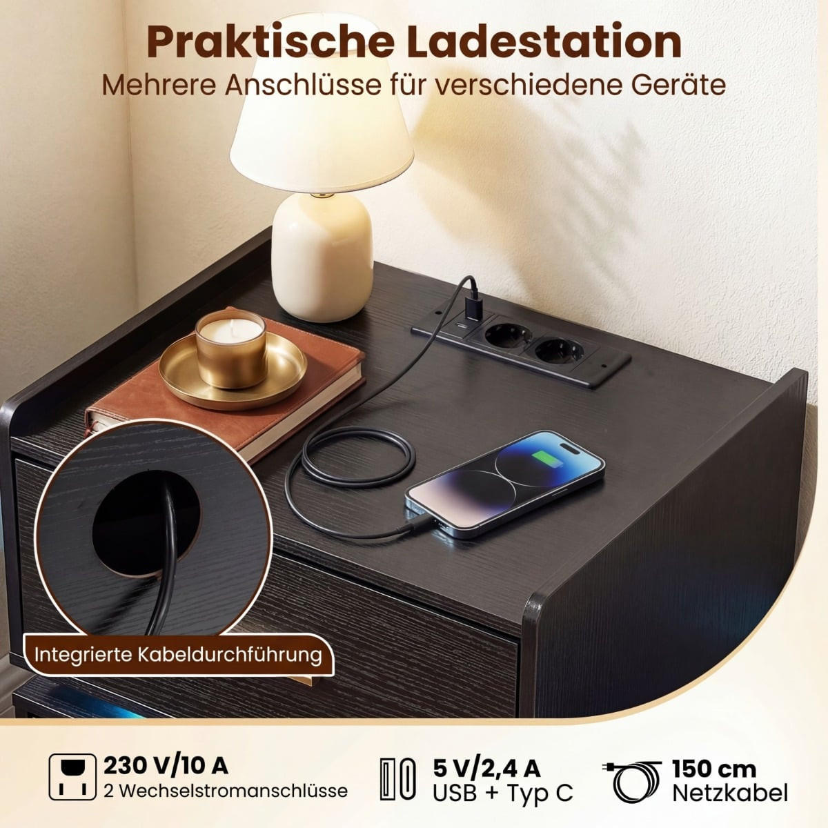 NACHTTISCH mit LED-Ladestation, 2 Schubladen, halb-schwebendes Design, Metallfuß, Schwarz/Weiß - Multicolor/Schwarz, Holzwerkstoff/Metall (45/48/40cm) - DESIGN IN