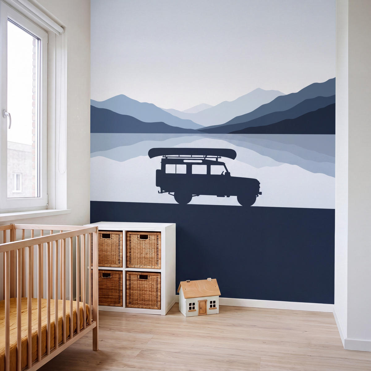 KINDERTAPETE - Auto - See - Berge - Blau - 240x280 cm - Blaugrau, Papier (240/280cm) - OnlyWow
