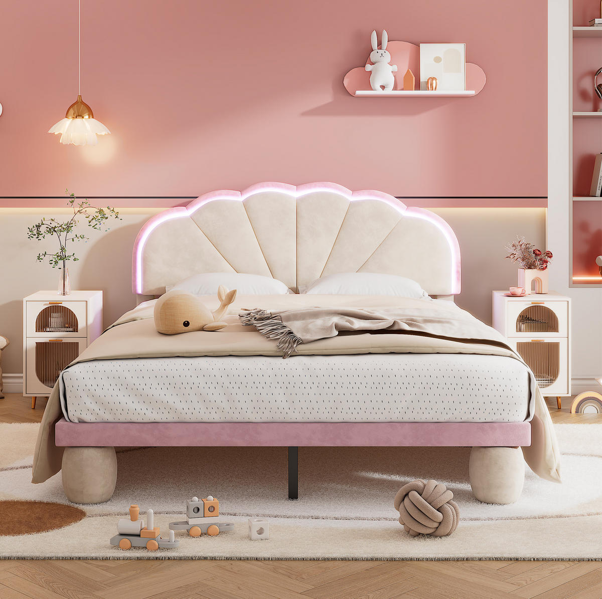 POLSTERBETT 140/200 cm beige aus Samt mit LED-Lichtstreifen - Beige, Textil (140/200cm) - OKWISH