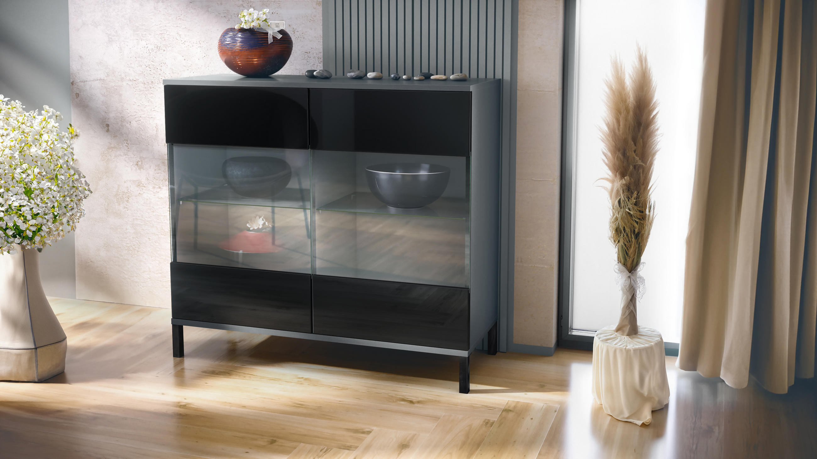 KOMMODE Bari Schwarz Hochglanz - Schwarz Hochglanz, Holzwerkstoff (92.5/83.5/35cm) - Vladon