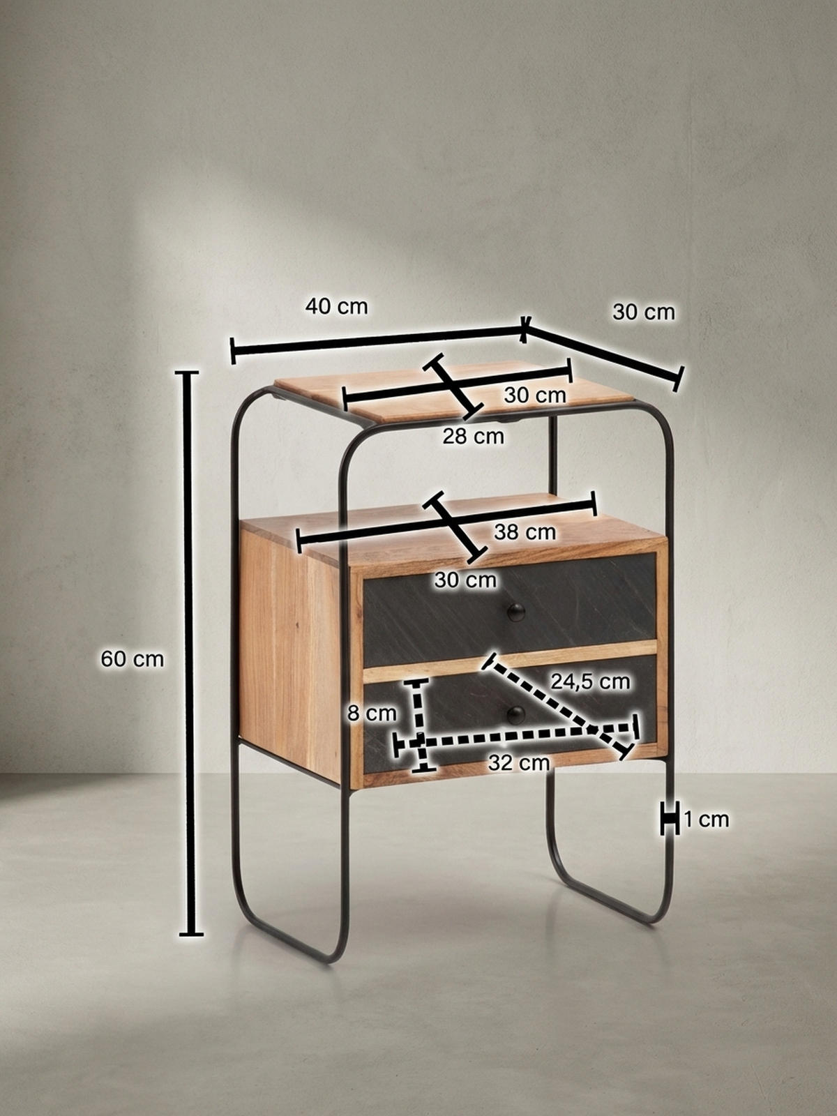NACHTTISCH Massivholz Steinoptik 2 Schubladen Ablage Metallgestell, Akazie 40x30x60 cm - Schwarz/Akaziefarben, Holz/Metall (40/60/30cm) - KADIMA DESIGN