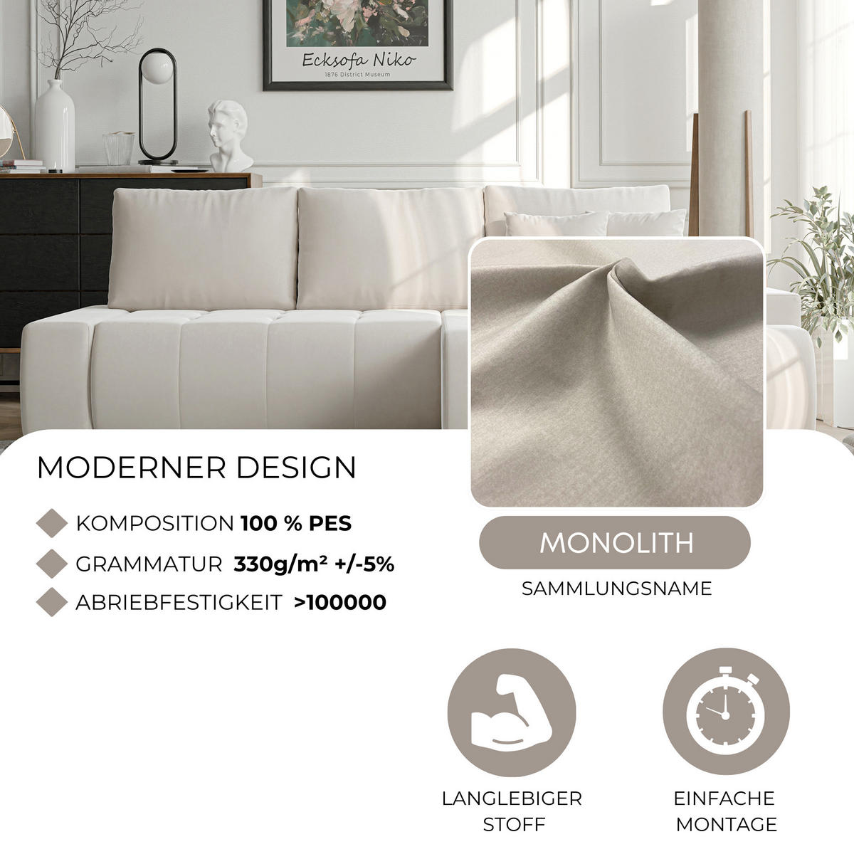 ECKSOFA NIKO Links, mit Schlaffunktion und Bettkasten, Creme - Creme, Textil (227/153cm) - Idohome