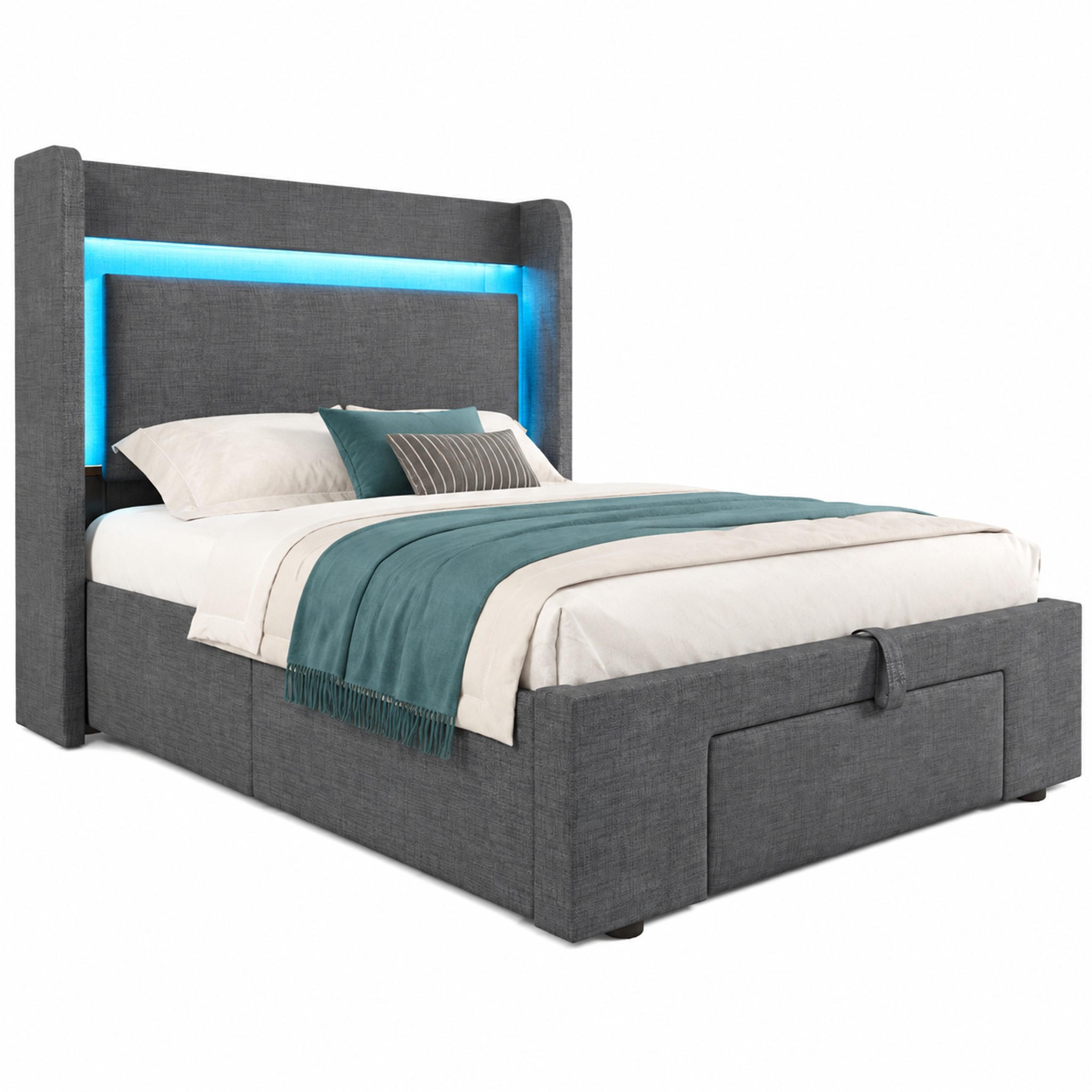 POLSTERBETT mit Stauraum, LED und USB 90x200 cm Leinen Gray mit Matratze - Grau, Metall (90/200cm) - Meubliv