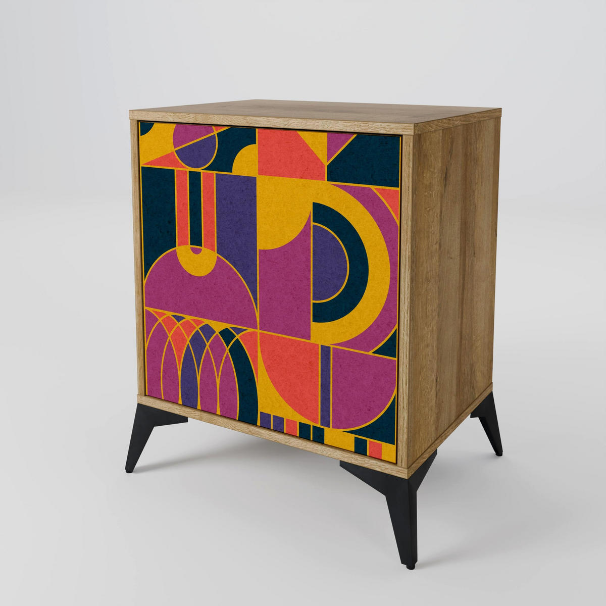 SIDEBOARD ELECTRIC PATTERNS, Eichefarben, 57,5x42x72,5 cm, Schwarze Metallfüße - Eichefarben/Multicolor, Holzwerkstoff/Metall (57.5/72.5/42cm) - SpaceRebels