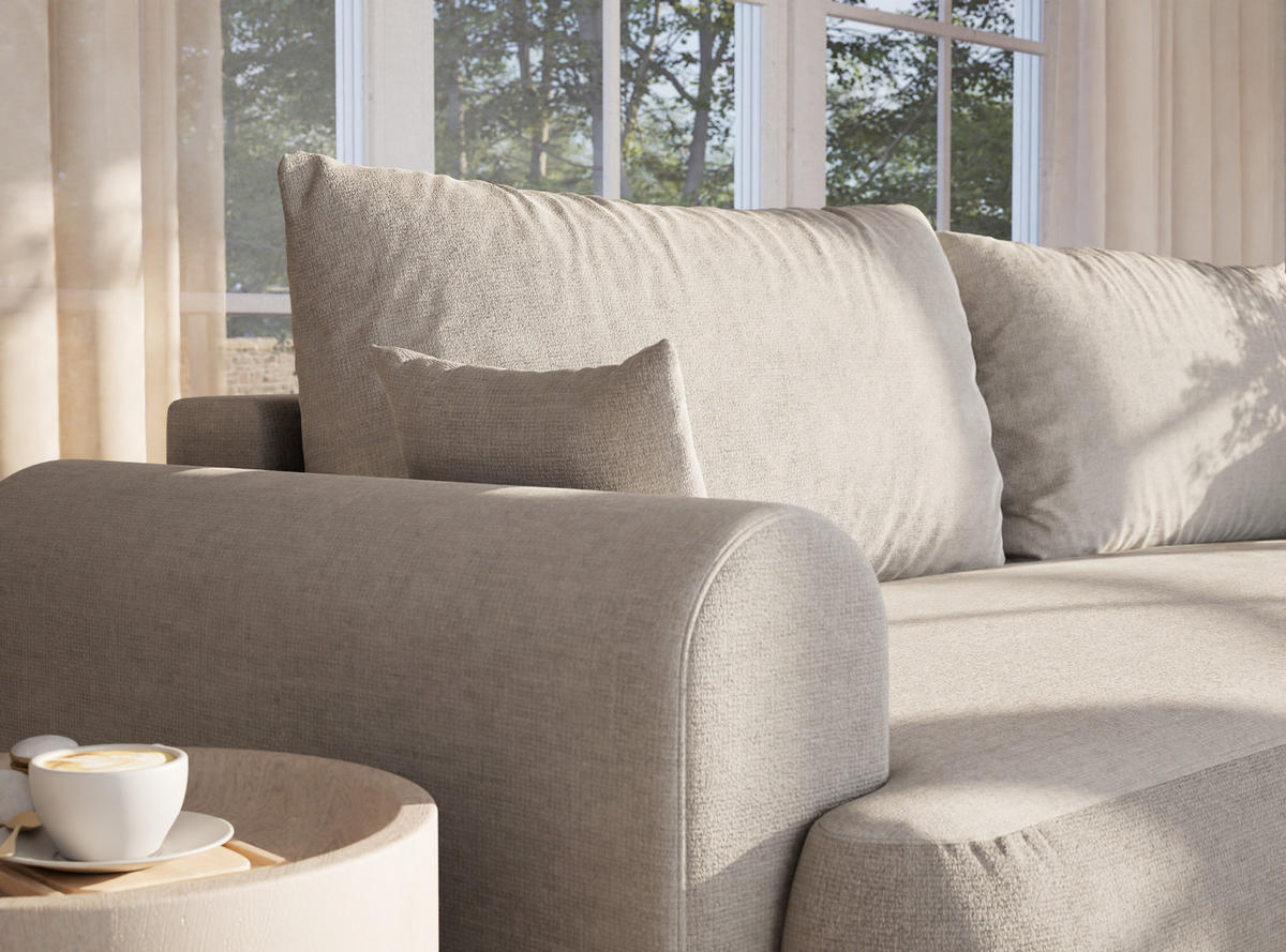 SOFA MIT SCHLAFFUNKTION Toluca Hellbeige Chenille-Stoff - Beige/Schwarz, Holz/Holzwerkstoff (247/69/90cm) - Maison de Reve