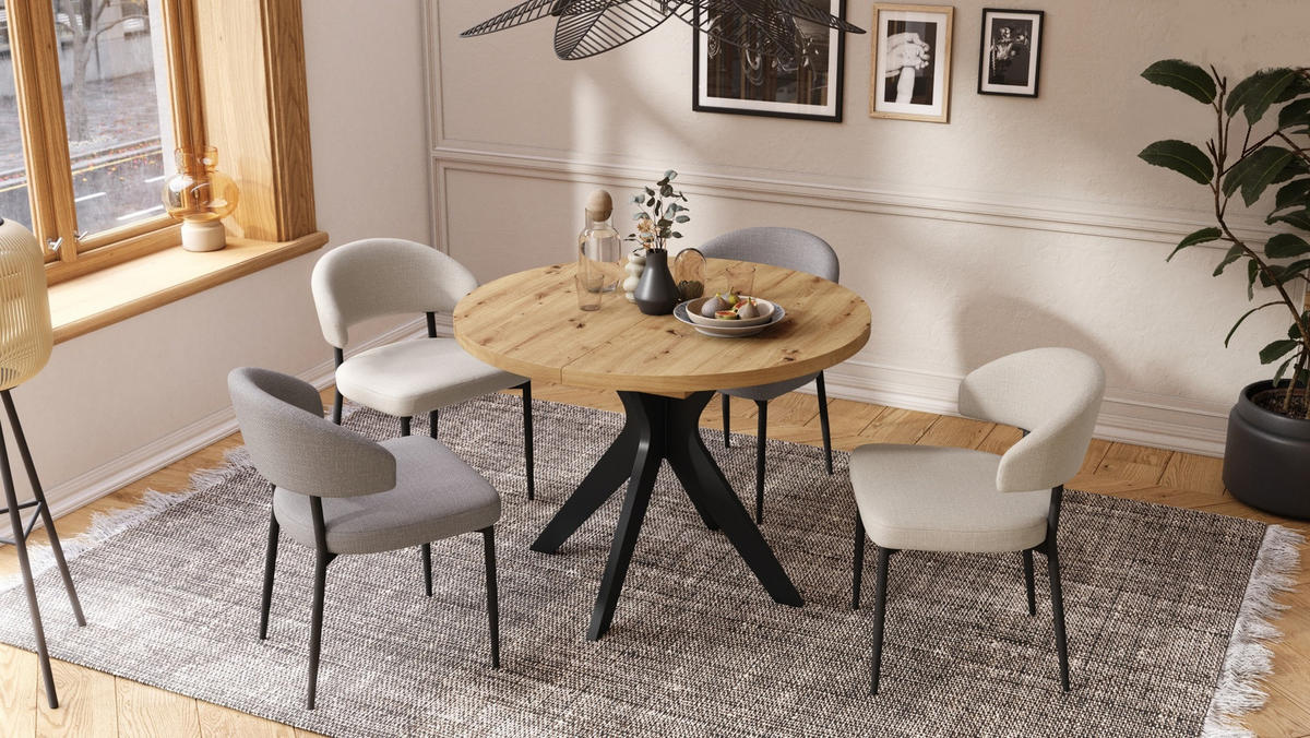 ESSTISCH rund Eiche Artisan - Schwarz matt ausziehbar - Schwarz/Eiche Artisan, Holzwerkstoff (110/110/77cm) - designimpex