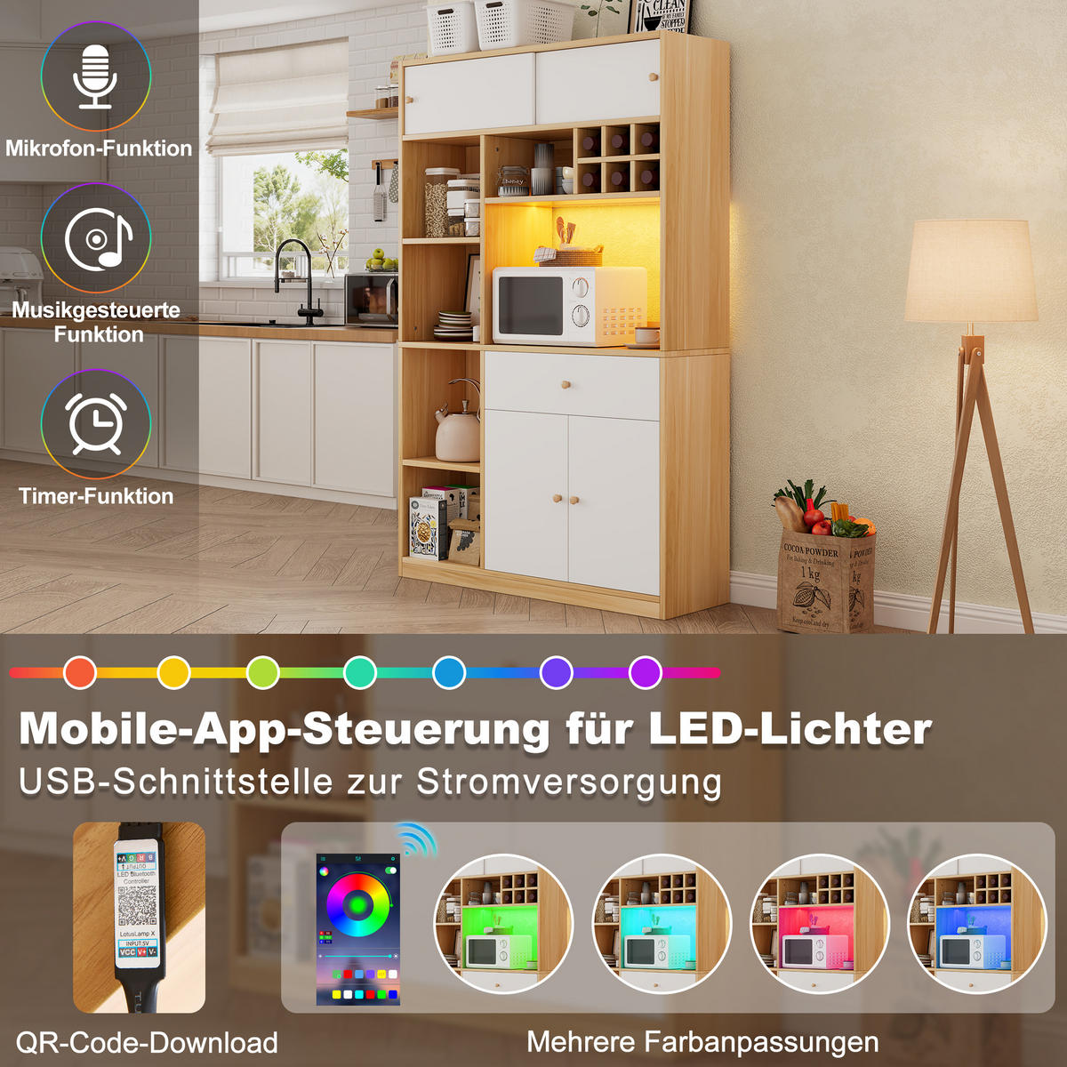 HIGHBOARD mit LED Mikrowellenfach & 3 Türen - Eichefarben, Holzwerkstoff (115/180/35cm) - Urban Meuble