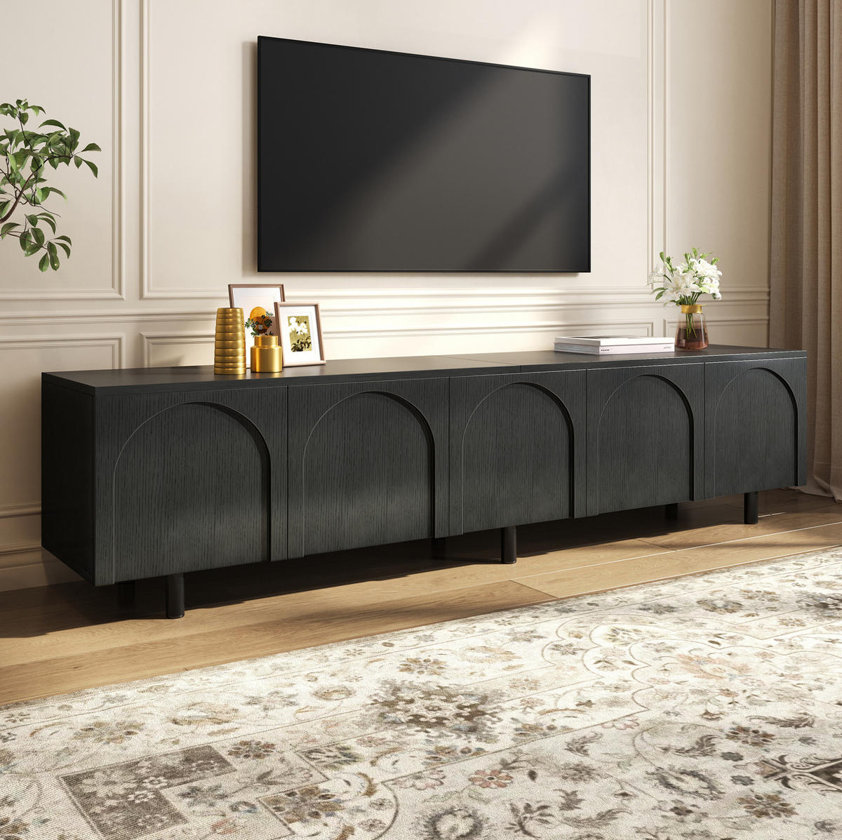 LOWBOARD 180/38/45 cm schwarz aus MDF mit 5 Türen - Schwarz, Holzwerkstoff (180/45/38cm) - OKWISH