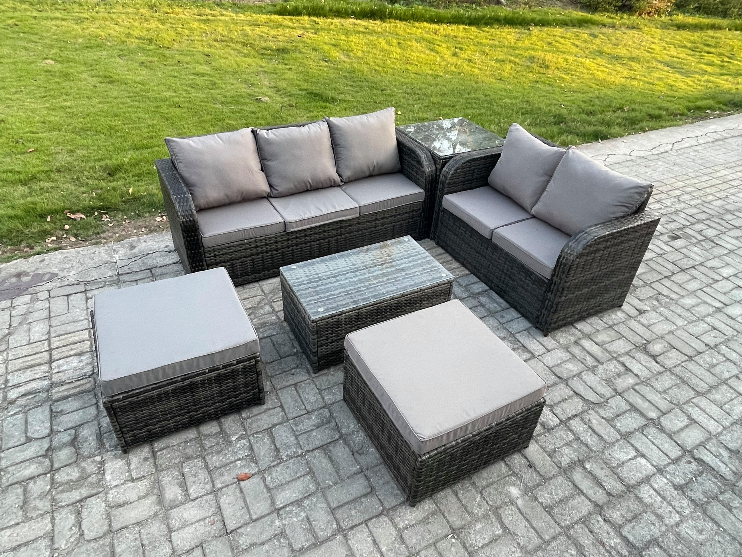 GARTENMÖBELGARNITUR mit KISSEN Polyrattan Dunkelgrau 7-Sitzer - Dunkelgrau/Grau, Glas/Kunststoff - Fimous