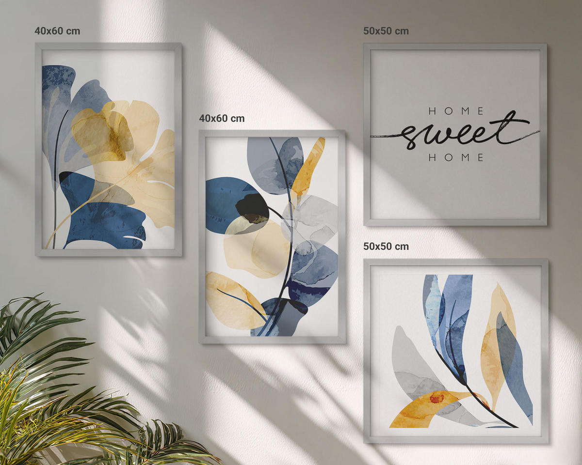 BILDER SET 4er Set - 50x50 cm & 40x60 cm Silberner Rahmen - Aquarell-Pflanzenmotive - Silberfarben, Kunststoff (50/50cm) - TULUP