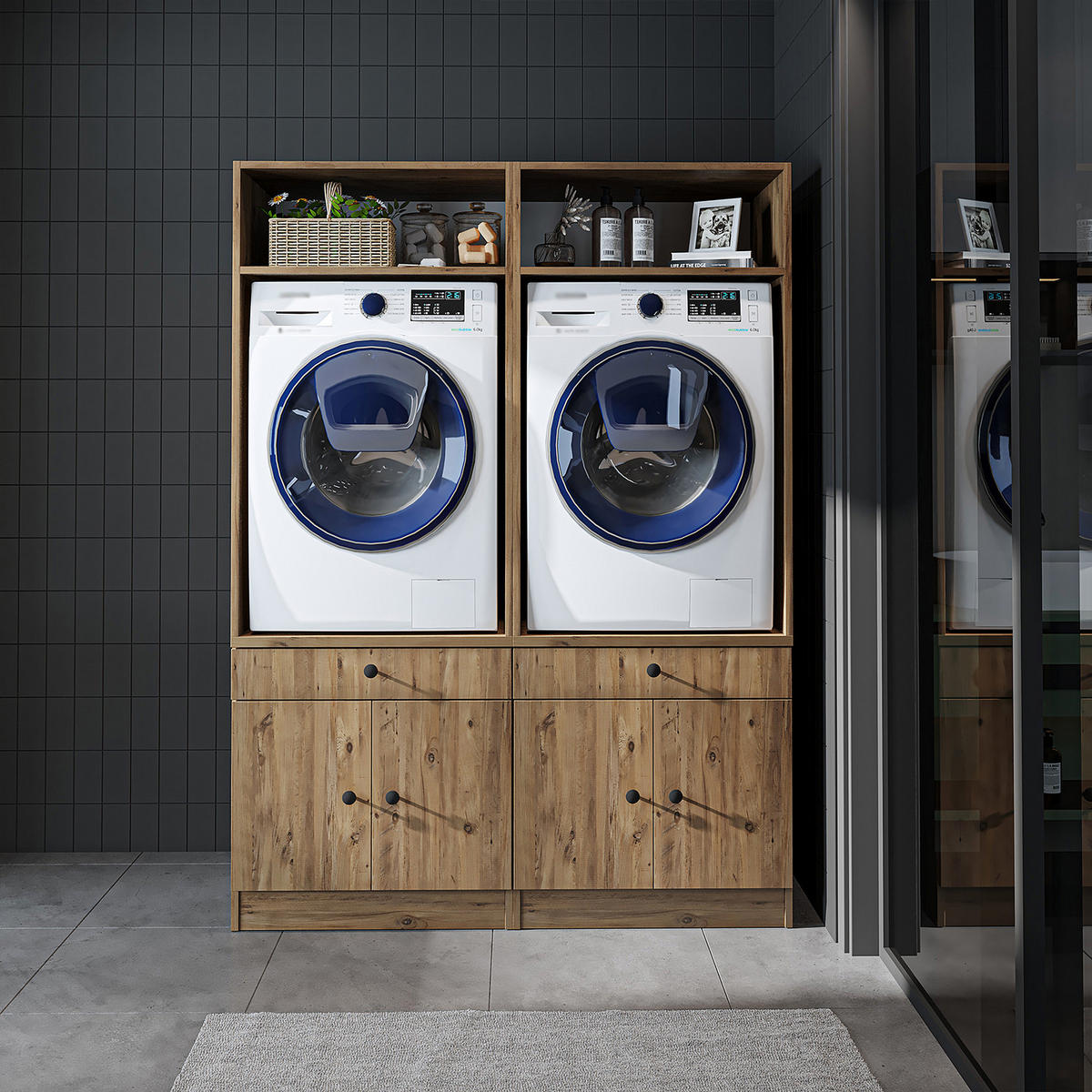WASCHMASCHINENSCHRANK Serie 1 134cm Breit, 184cm Hoch - Schwarz, Holzwerkstoff (134/184/67cm)