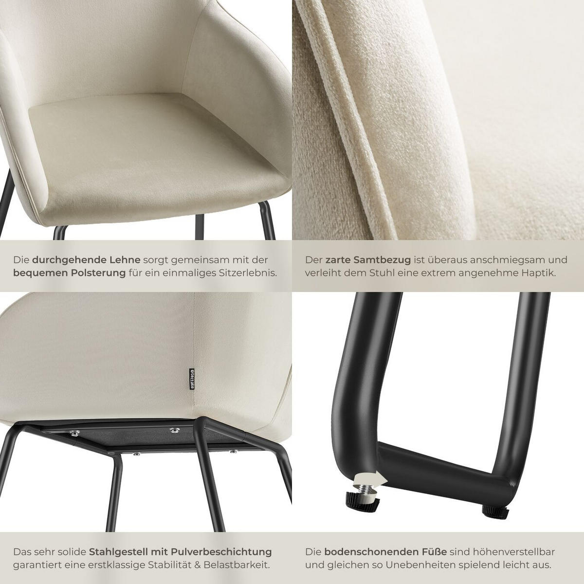 ESSZIMMERSTUHL Jeane,57 x 61 x 85,5 cm, Belastbarkeit 120 kg,Samtoptik creme/schwarz - Schwarz/Samtahornfarben, Kunststoff (57/85.5/61cm) - tectake