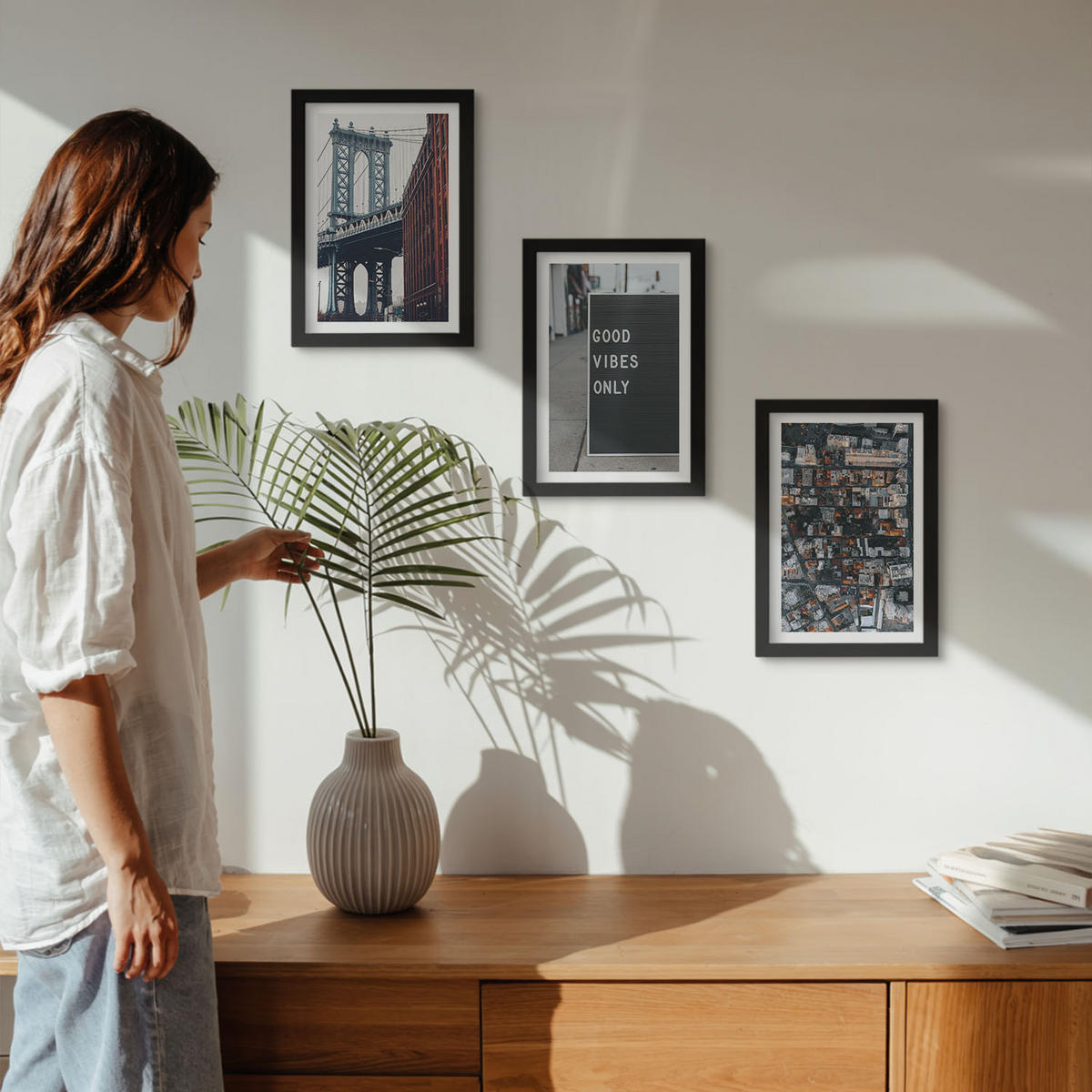 WANDBILDER 3er-Set - 20x30 cm Schwarzer Rahmen - Brückenstadt-Inschriften aus der Vogelperspektive - Schwarz, Kunststoff (20/30cm) - ArtPrintCave