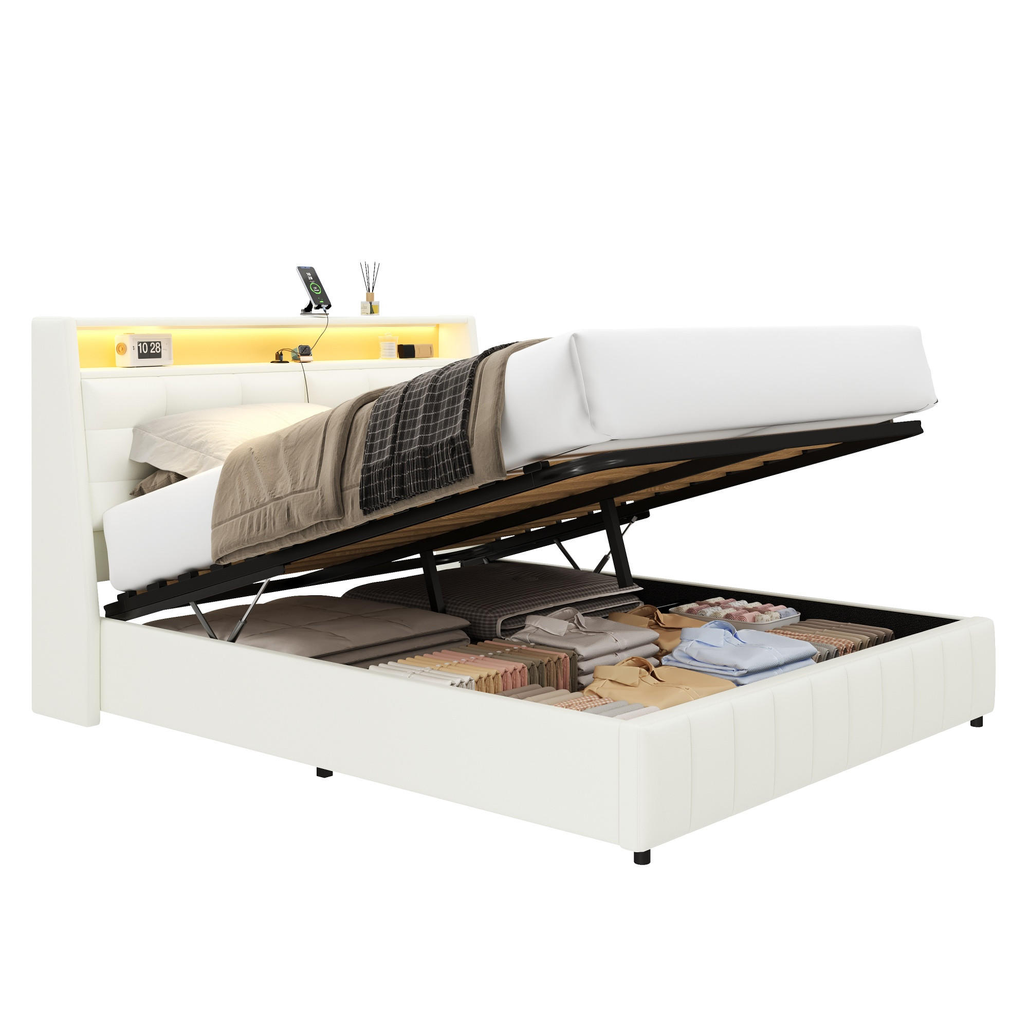POLSTERBETT 160/200 cm in Weiß mit Stauraum, LED, USB und verstellbarem Kopfteil - Weiß, Holzwerkstoff/Textil (160/200cm) - STILVORA