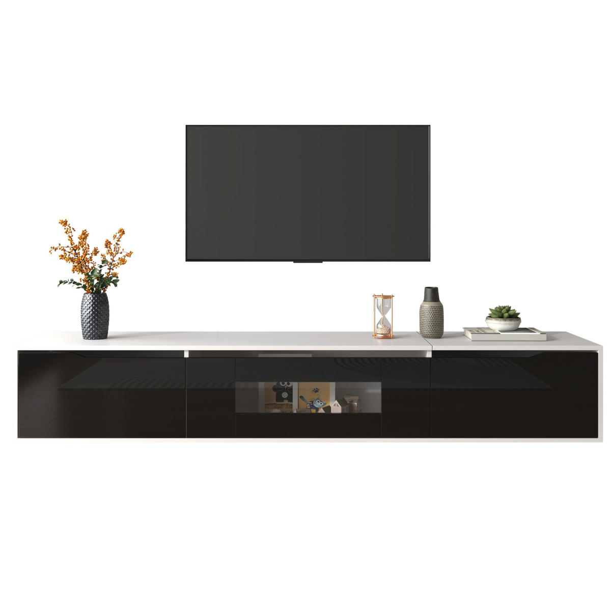 TV-SCHRANK 180/30/35 cm weiß Hochglanz mit LED-Beleuchtung, 16 Farben - Schwarz, Holzwerkstoff (180/35/30cm) - OKWISH