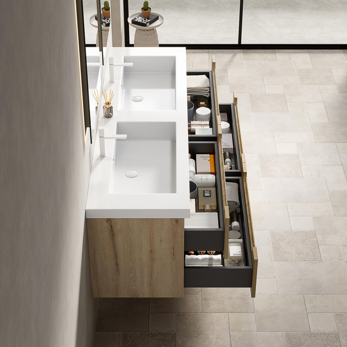 WASCHTISCHUNTERSCHRANK 160x46x53cm Weiß/Weißeiche mit Kunststeinbecken - Eichefarben, Kunststoff (160/53/46cm) - Modfu