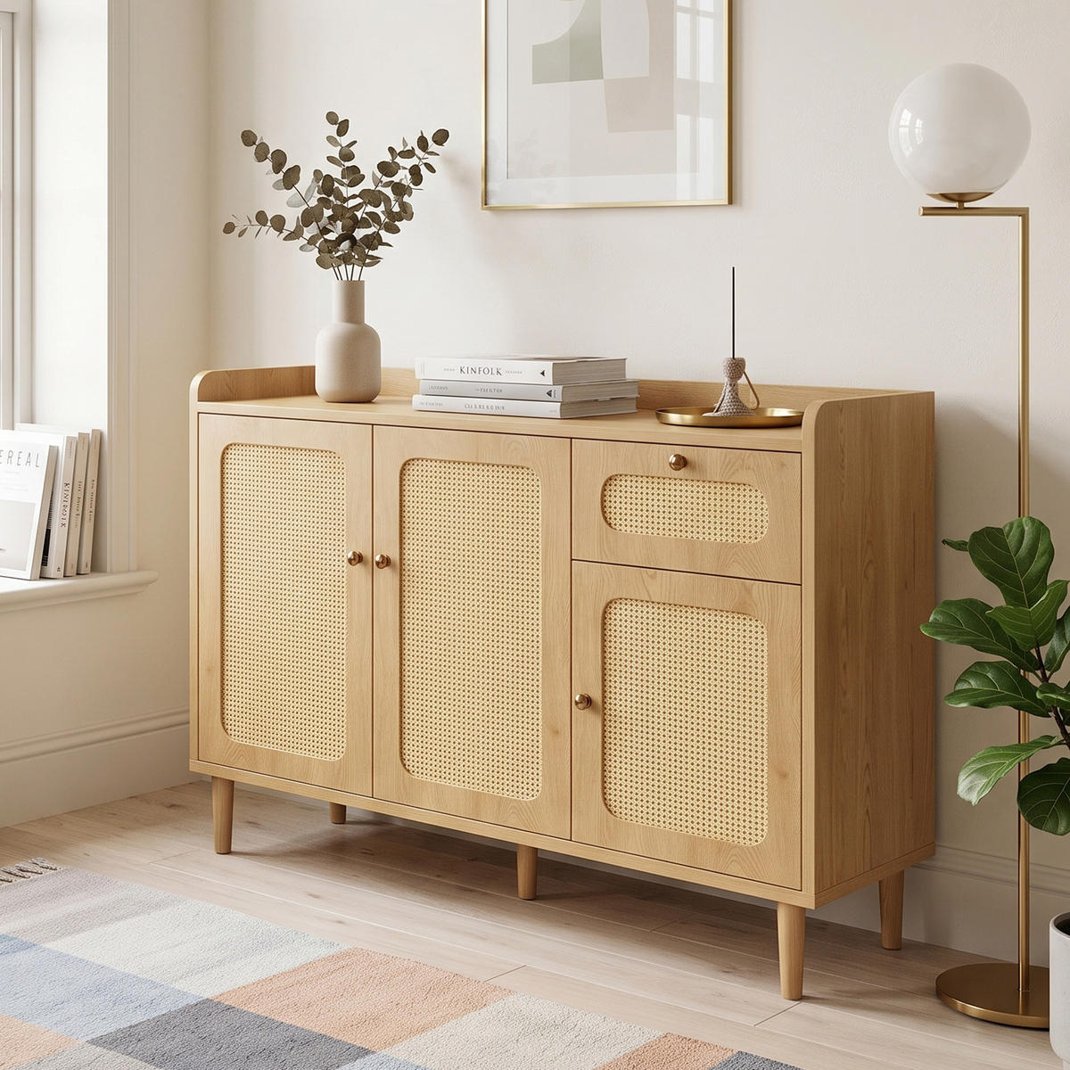 SIDEBOARD Eiche-Optik mit Rattan-Geflecht, 3 Türen & 1 Schublade - Eichefarben, Holzwerkstoff (120/91/40cm) - Urban Meuble