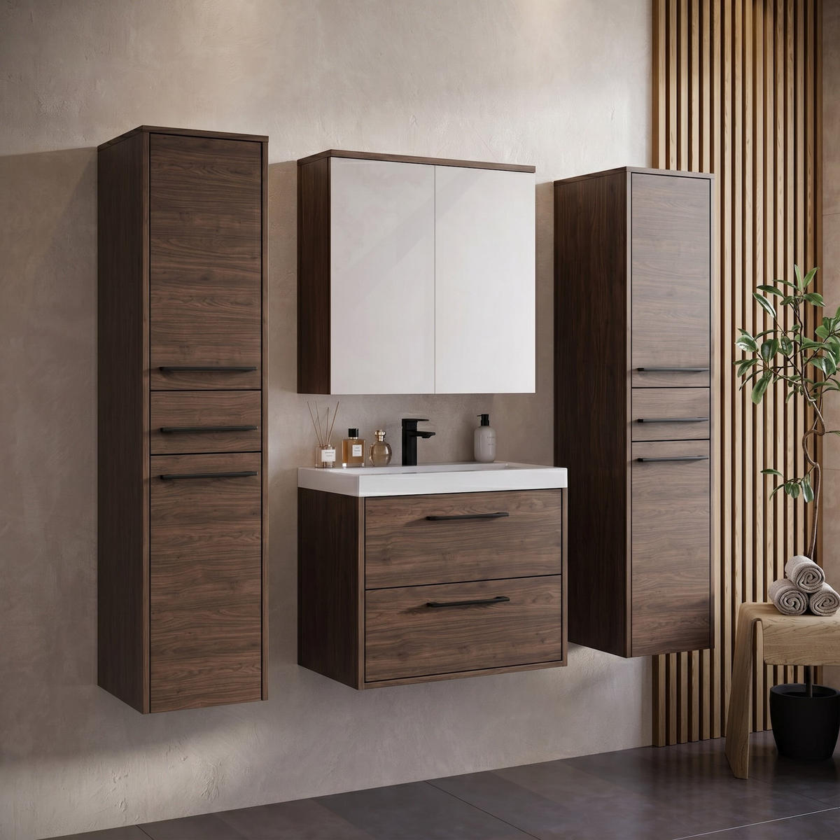BADMÖBEL-SET Florence 5 Teile Walnuss Braun - 60 x 35 x 51 cm - Eichefarben, Holz (60/51/35cm) - Badplaats