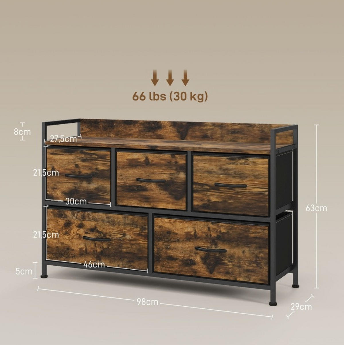 KOMMODE 98/29/63 cm mit 5 Stoffschubladen und Stahlgestell - Braun, Holzwerkstoff (98/63/29cm) - BEAOK