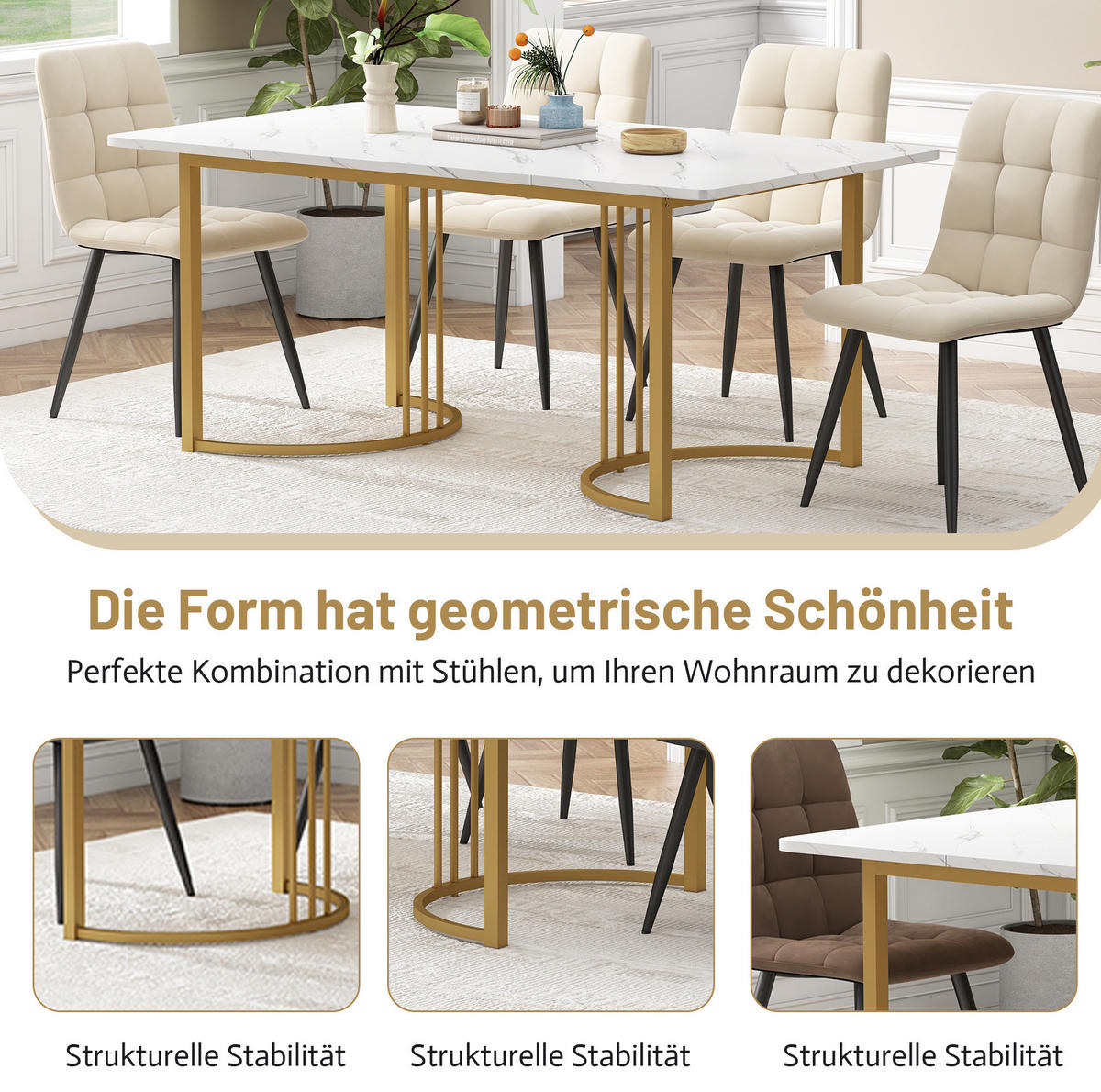 ESSTISCH 140x80x75 cm aus MDF mit Marmormuster auf geometrischem Metallgestell - Weiß, Holzwerkstoff (140/80/75cm) - Modfu