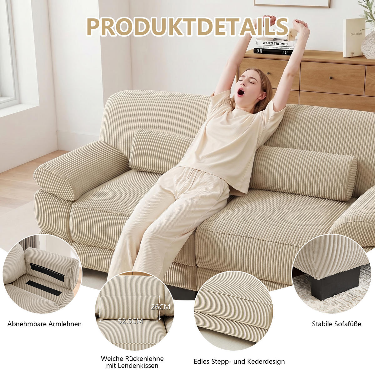 ECKSOFA L-Form 3-Sitzer mit Hocker, DE-42659, Beige - Beige, Holz (265/161cm) - ComfortXL