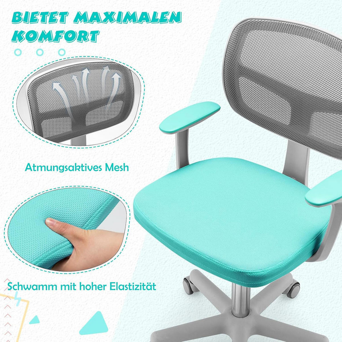 KINDER‑BÜROSTUHL 360°drehbar türkis - Hellblau, Kunststoff (54/80/54cm) - COSTWAY