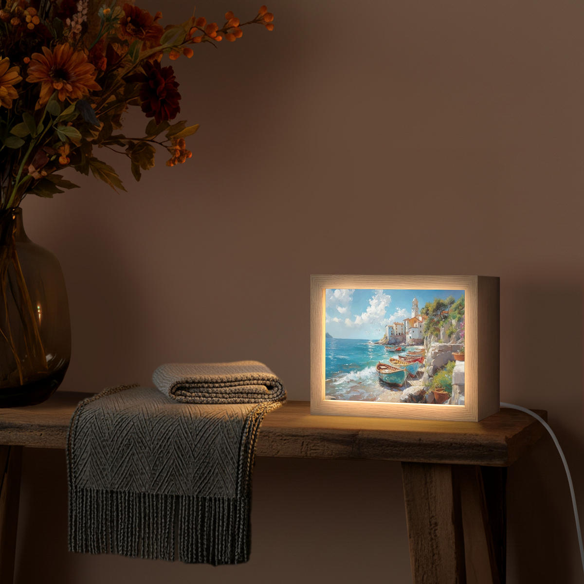 NÁSTĚNNÁ LAMPA Lodě - skály - moře - slunce 20x15 cm - modrá, kompozitní dřevo (20/15/8cm) - OnlyWow