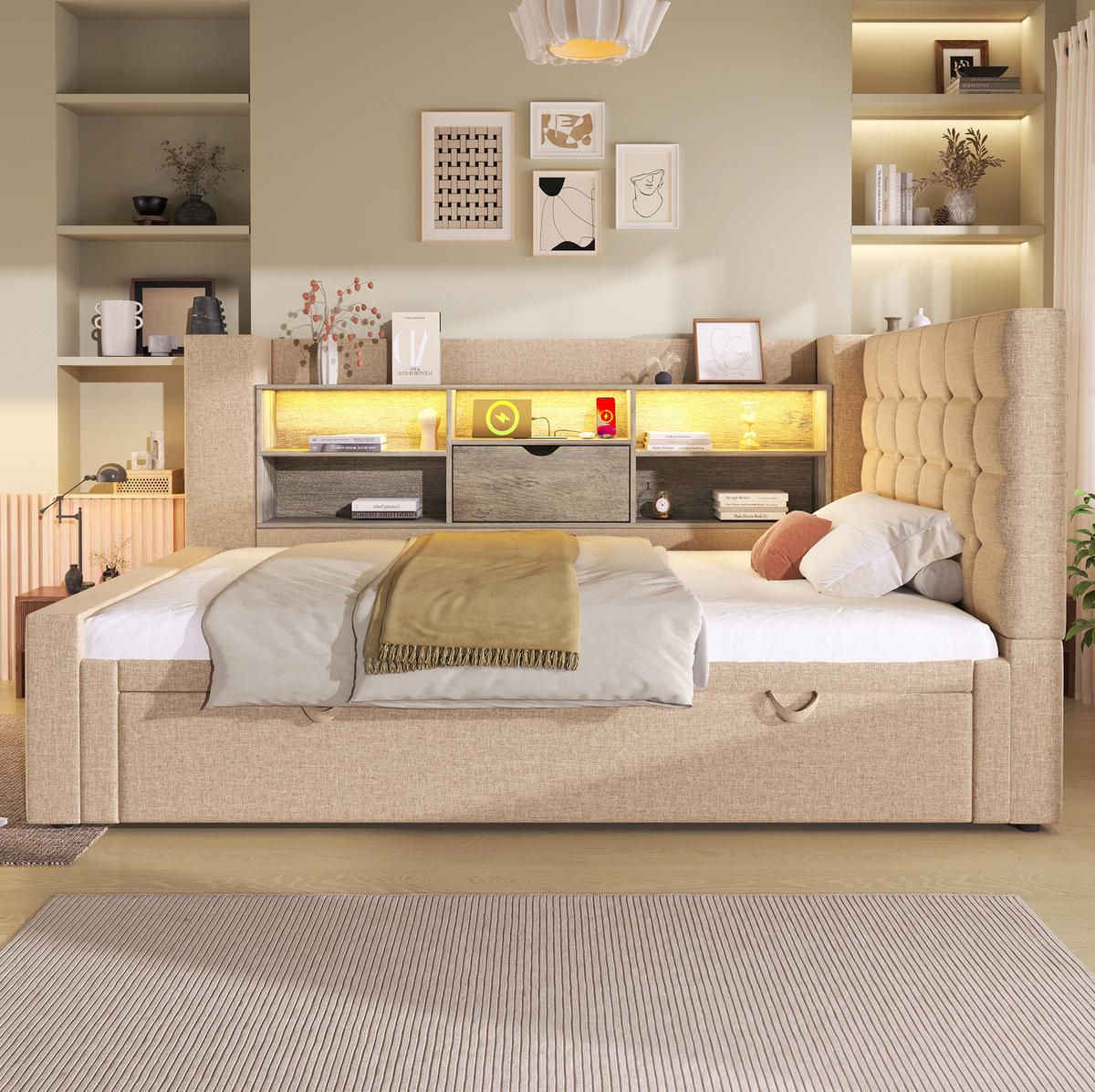 BETT mit Ausziehbett und Stauraum 90x200 cm Leinen Beige - Beige, Metall (90/200cm) - Beauniv